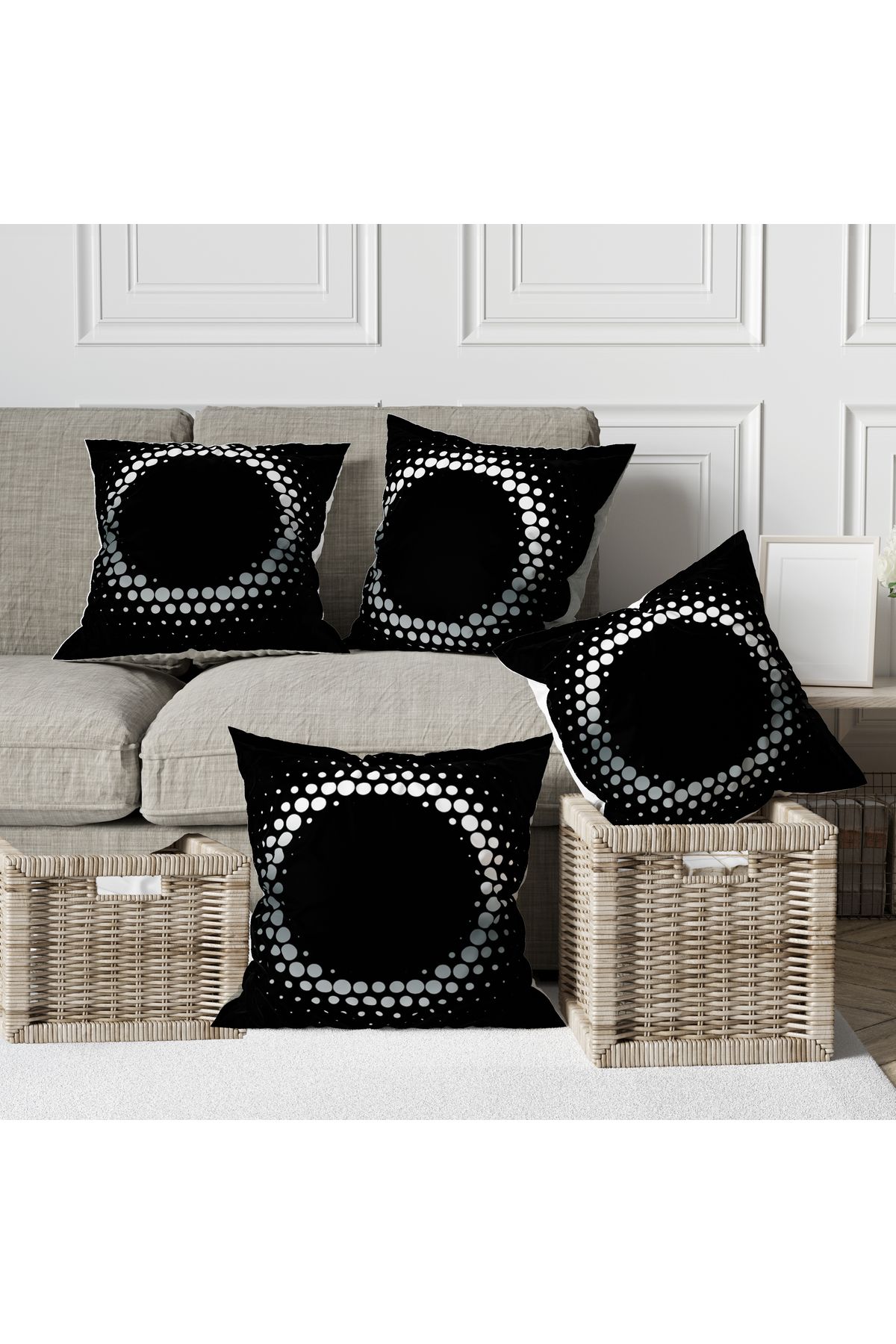Ahsen Dekoratif 🖤 Modern Geometrik 3D Kırlent Kılıfı – Siyah & Gri Daire Efektli | 43x43 cm Dijital Baskı