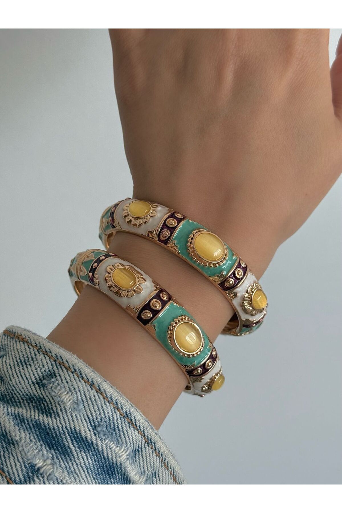 h&b design jewel Çelik Sarı Taşlı Mineli Kelepçe Bileklik