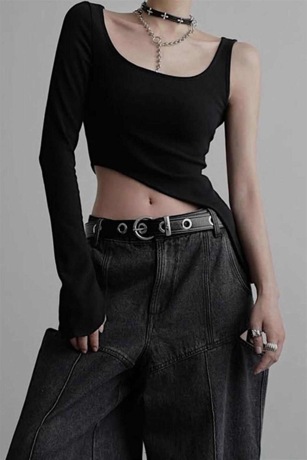 Karakedi Siyah Kare yaka Tek Gotik Y2K Kollu Crop