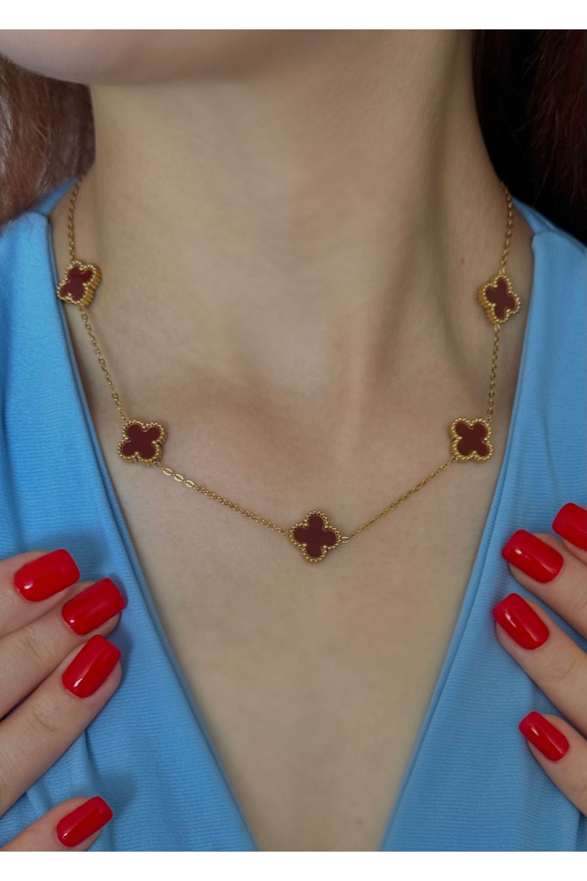 Home Sihra Accessories çift taraflı yonca kolye bordo renk çelik yonca kolye