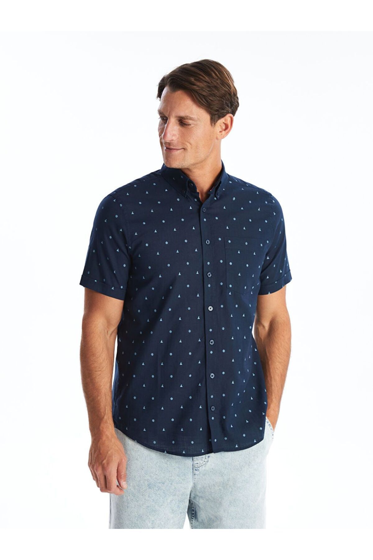 LC Waikiki Indigo Regular Fit Kısa Kollu Desenli Poplin Erkek Gömlek