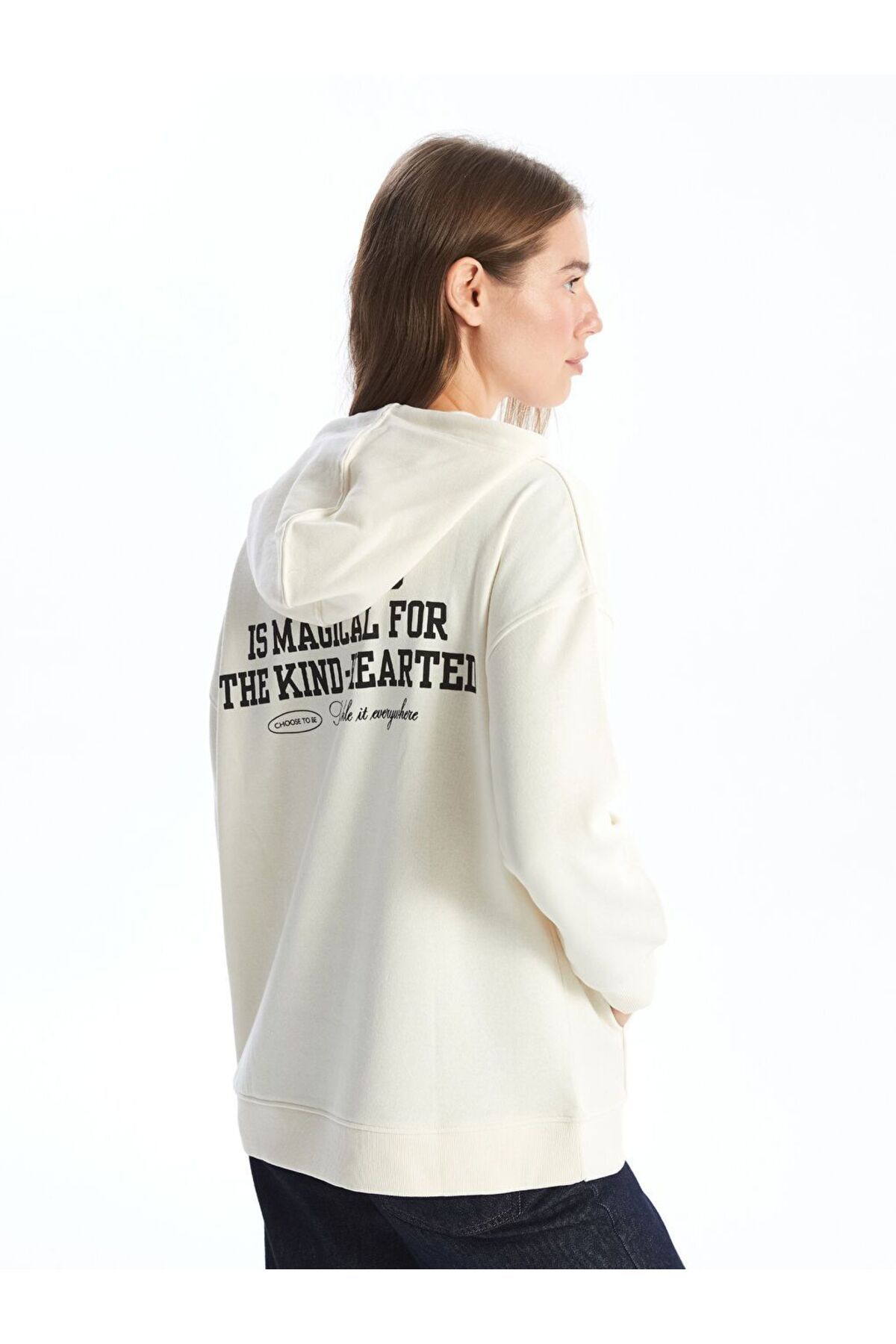 LC Waikiki Ekru Baskılı Oversize Kadın Kalın Hoodie