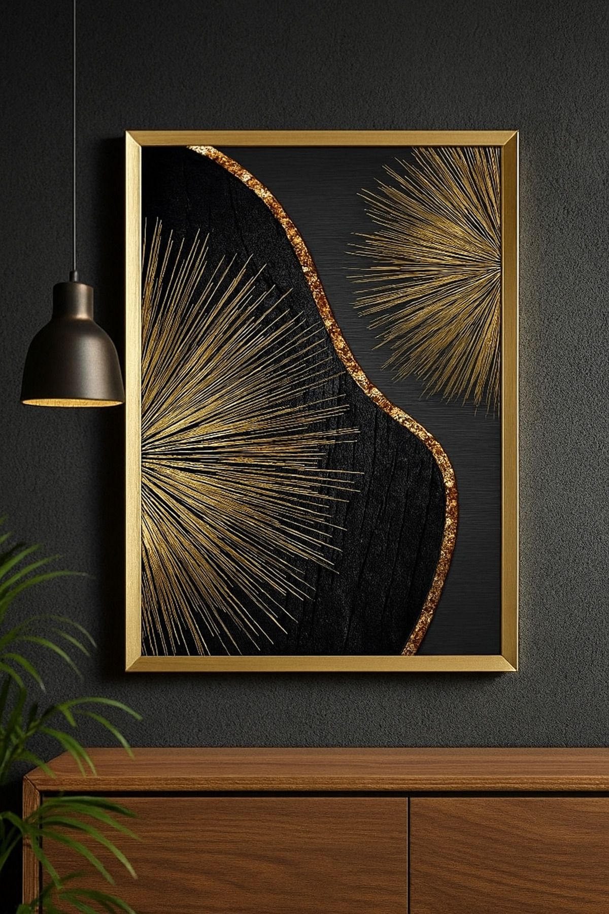 seninürünün Gece Parıltısı - Gerçek Cama Baskı Gold Alüminyum Metal Çerçeveli Tekli Modern Tablo