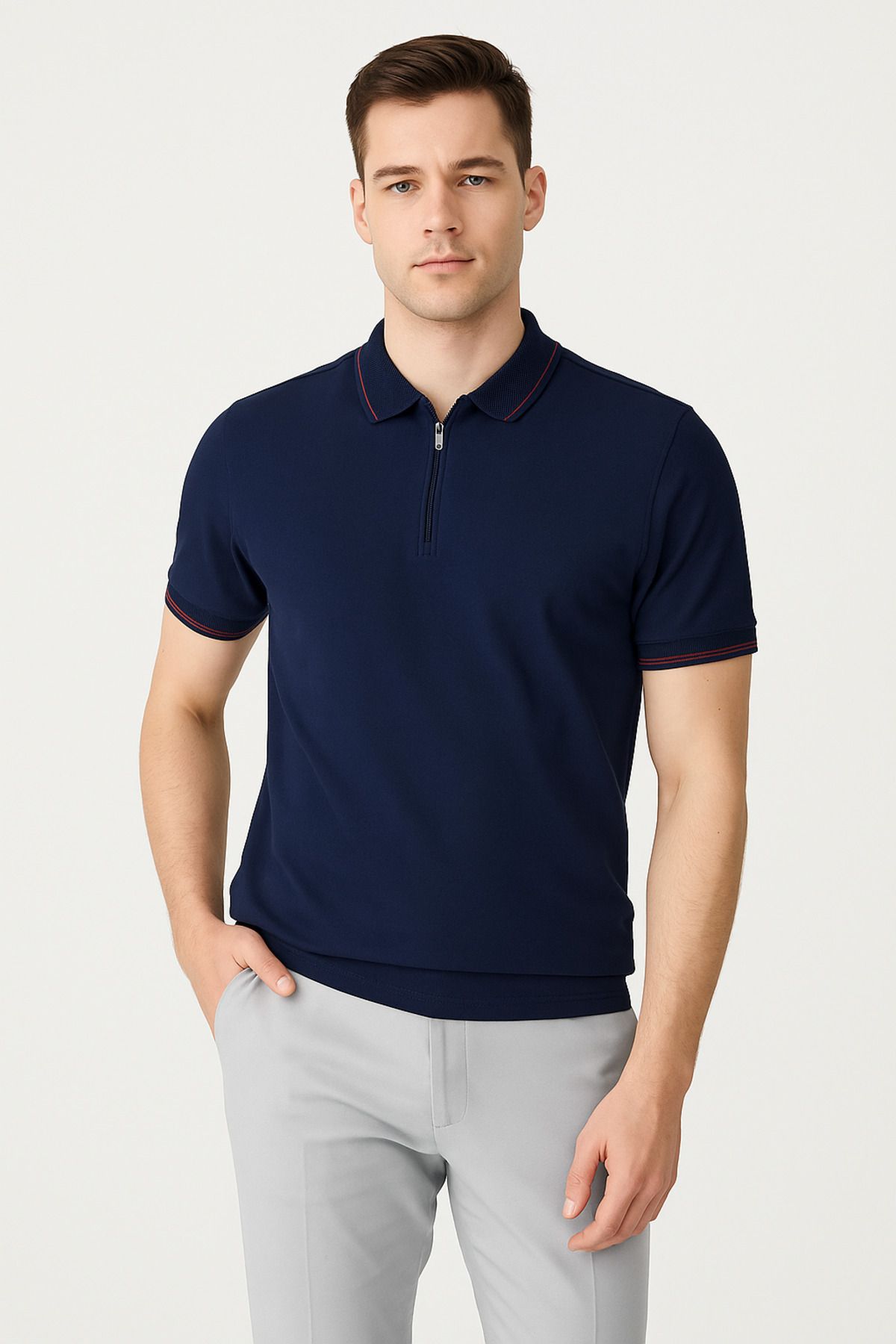 UOMOPARK 2979 Erkek Fermuarlı Polo Yaka Tişört Kırmızı Çizgi Detaylı, , Regular Fit, Yazlık Şık Spor Stil