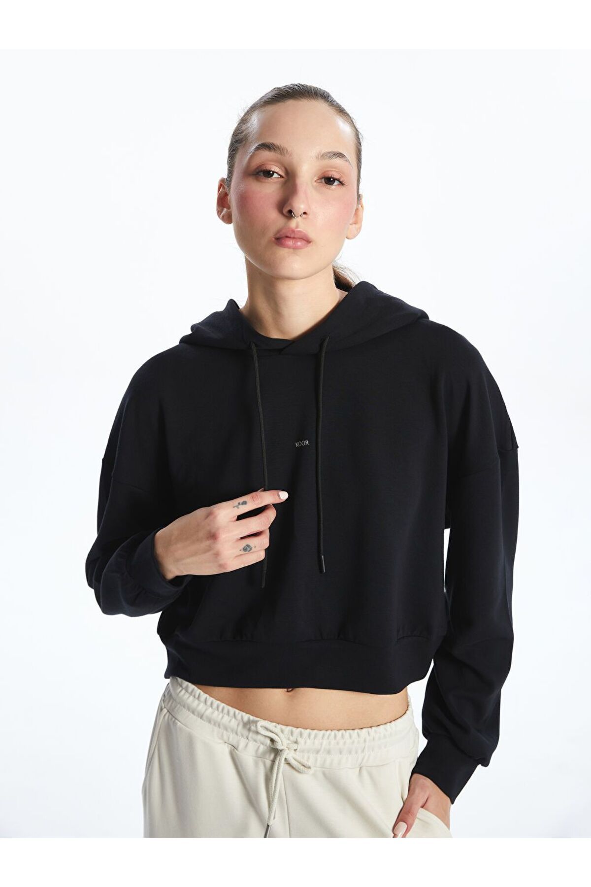 LC Waikiki Siyah Baskılı Kadın Hoodie