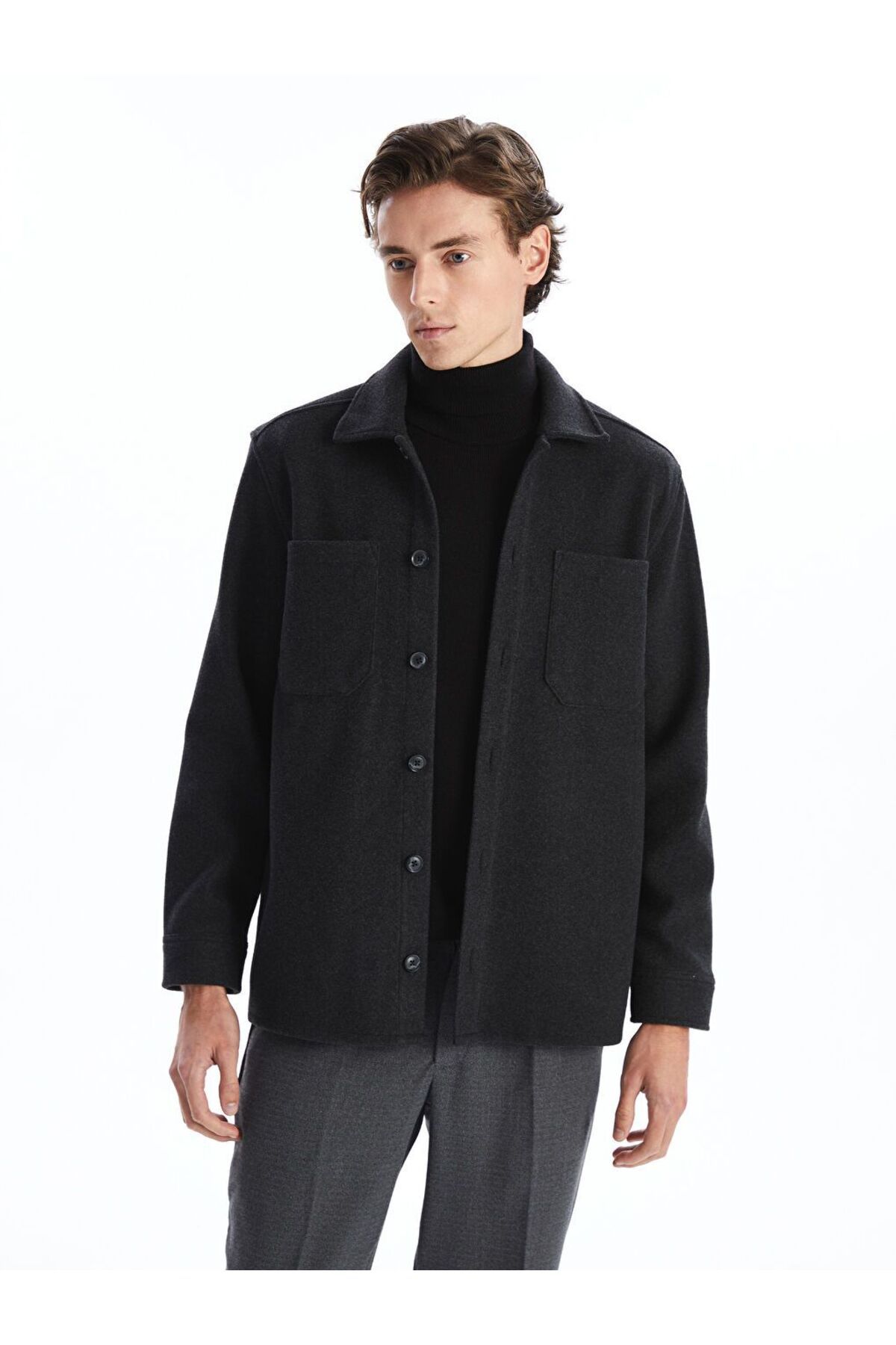 LC Waikiki Antrasit Regular Fit Uzun Kollu Kaşe Erkek Gömlek Ceket