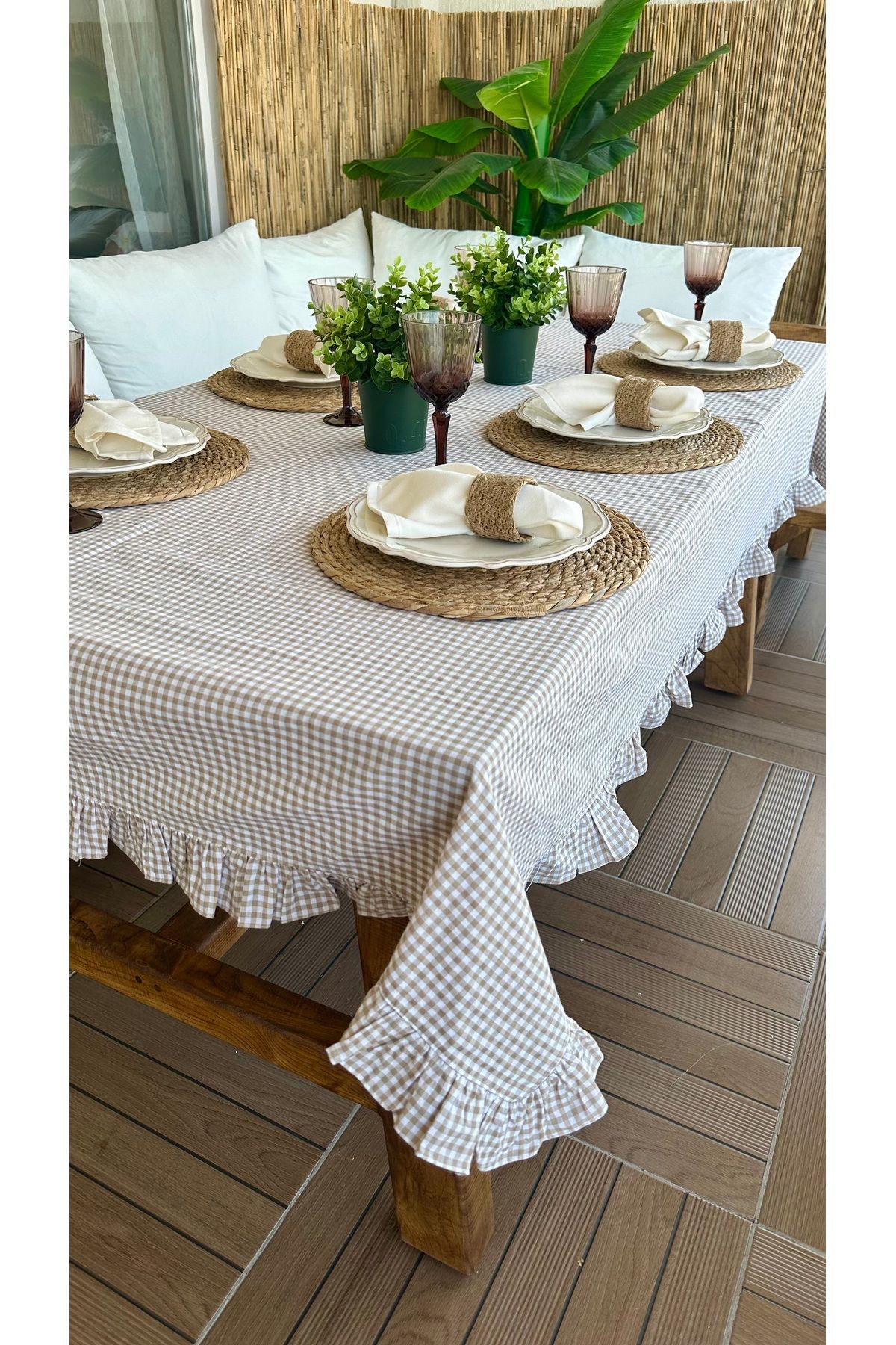 Decamor home Thin Keten Bej Pötikare Fırfırlı Masa Örtüsü