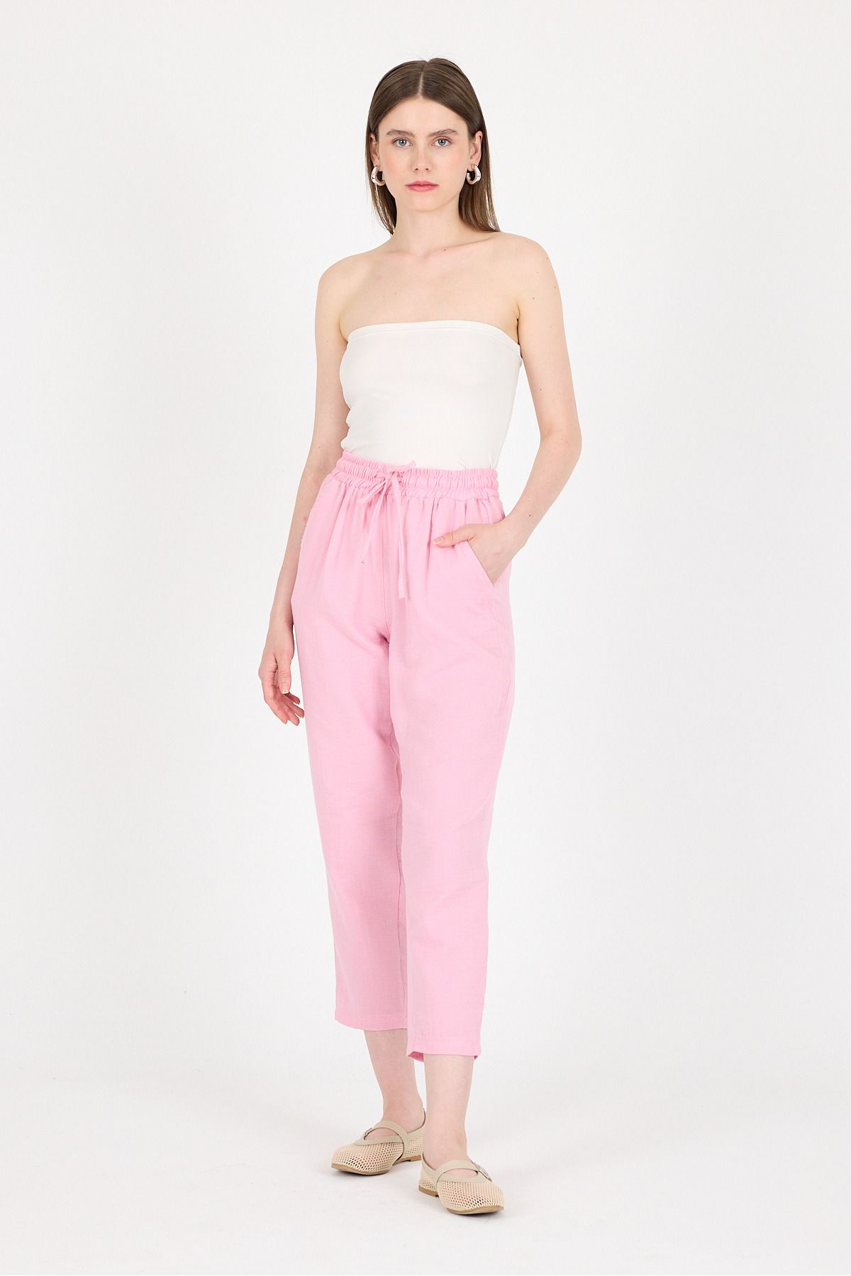 Rays Pembe Müslin %100 Pamuk Beli Lastikli Pantolon 8055A