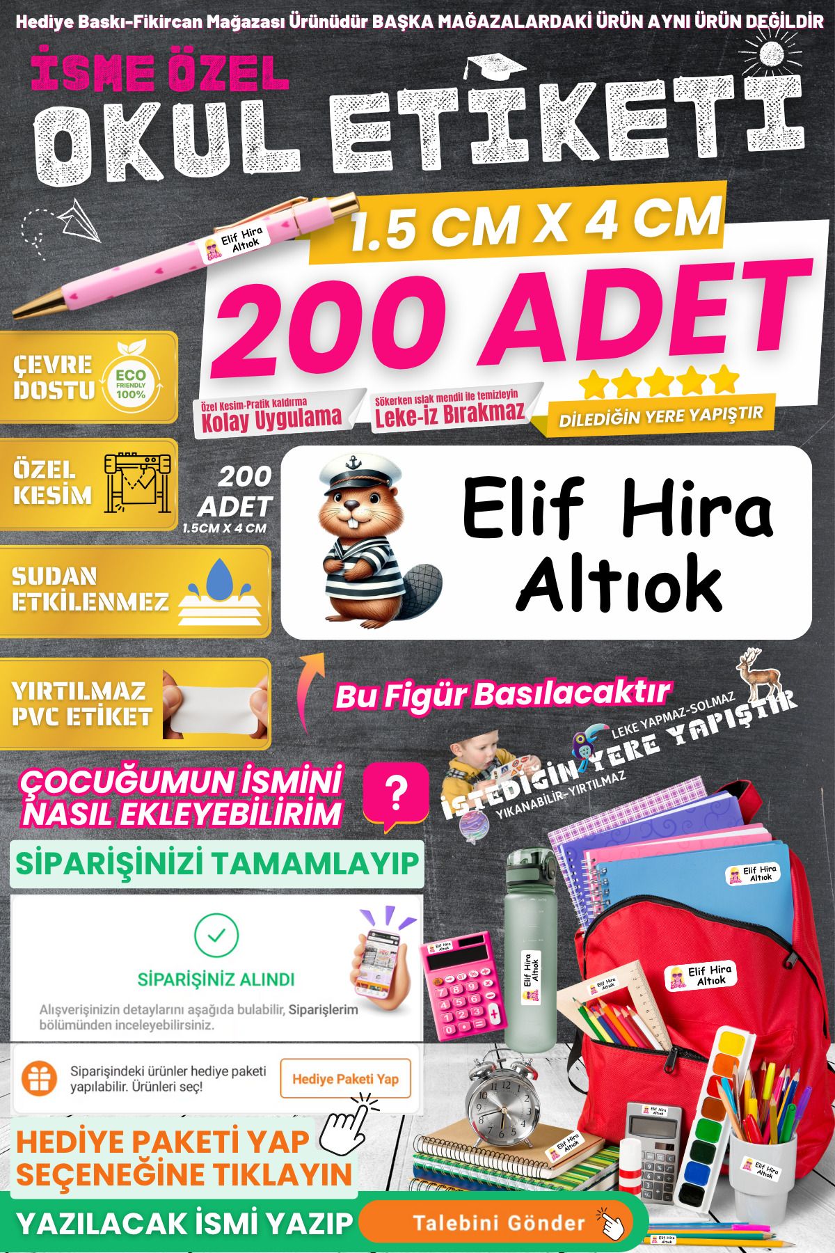 FİKİRCAN Fikircan-İsme Özel Okul Etiketi-KAPTAN SİNCAP 200 Adet - Kokusuz Ekolojik Mürekkep PVC ETİKET