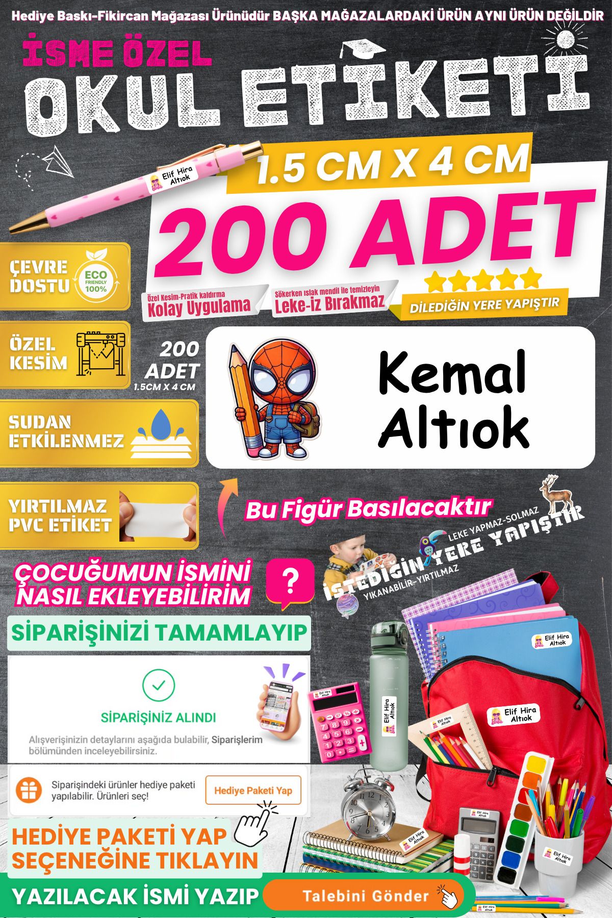 FİKİRCAN Fikircan-İsme Özel Okul Etiketi-ÖRÜMCEK ÇOCUK OKULDA 200 Adet - Kokusuz Ekolojik Mürekkep PVC ETİKET