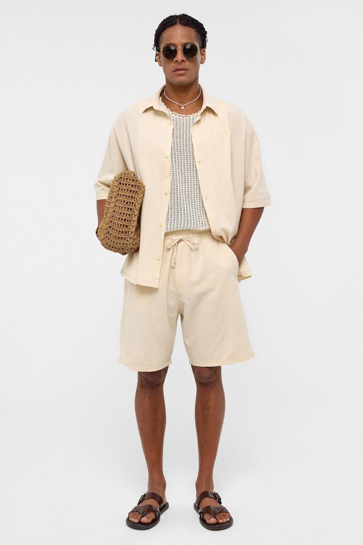 VAMOSCLO Oversize Keten Şort Naturel