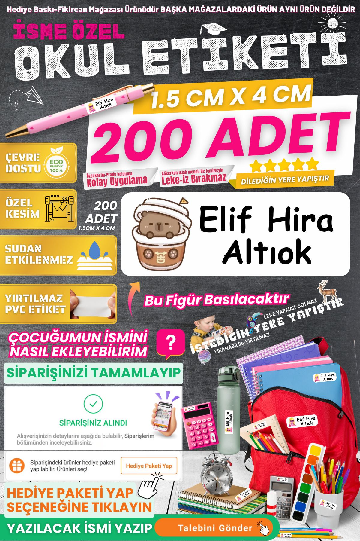 FİKİRCAN Fikircan-İsme Özel Okul Etiketi-CAPYBARA 2 200 Adet - Kokusuz Ekolojik Mürekkep PVC ETİKET