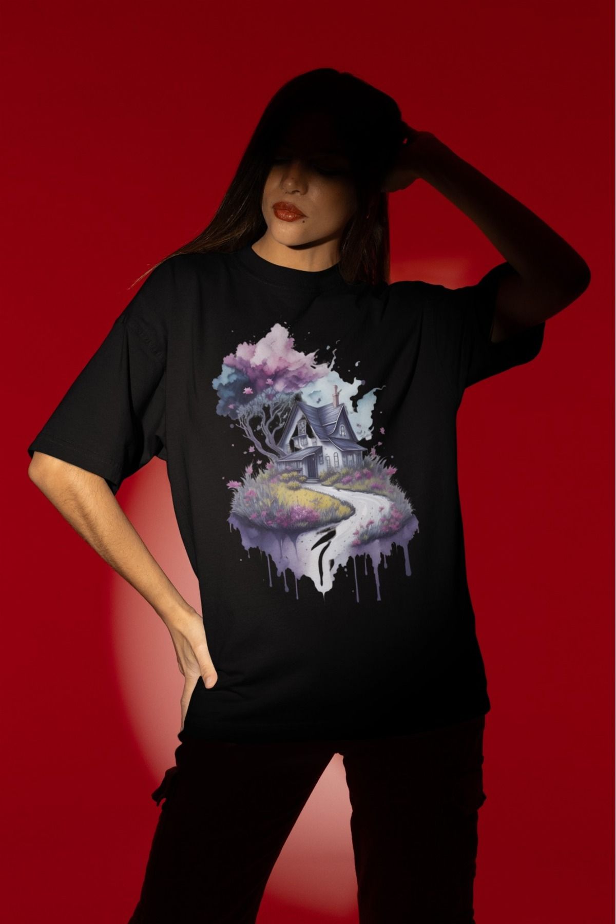 ArtYus Unisex Erkek/Kadın Ev Baskılı Renkli Baskılı Oversize %100 Pamuklu T-Shirt