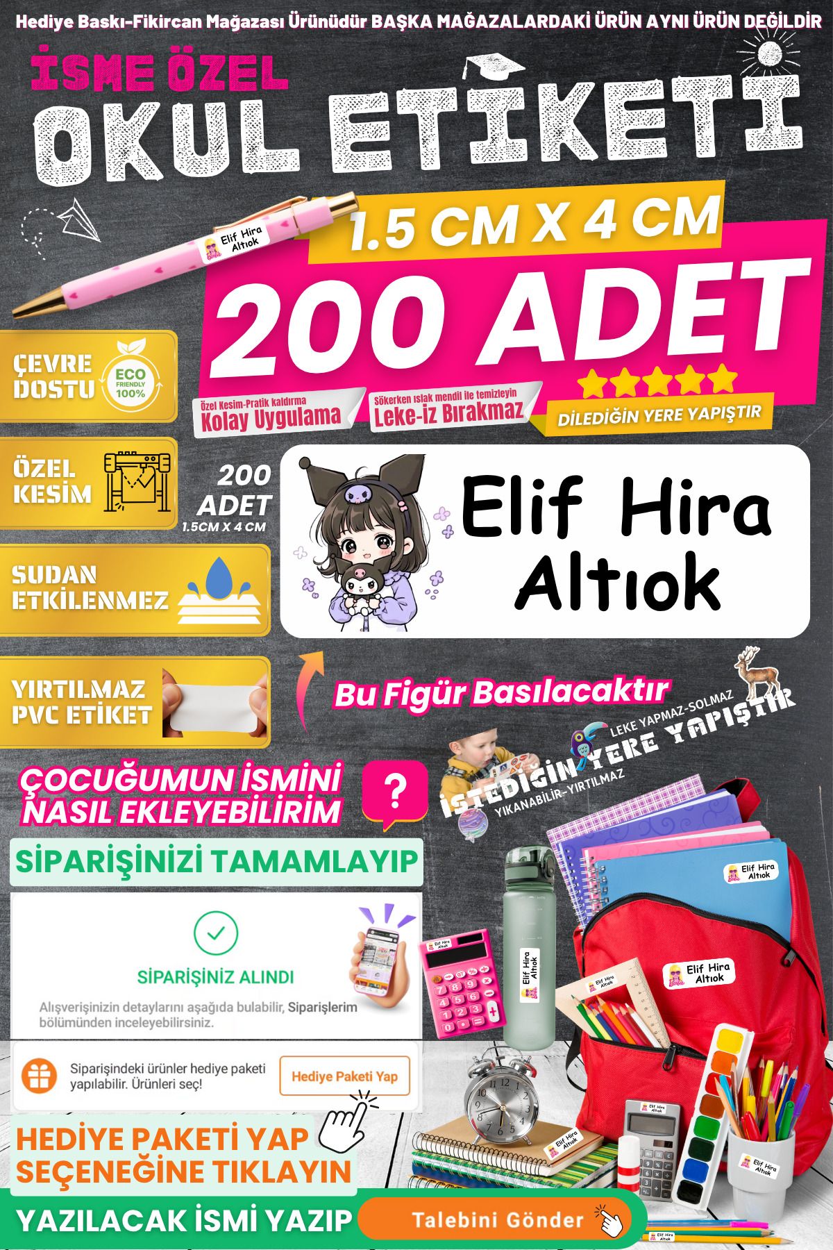 FİKİRCAN Fikircan-İsme Özel Okul Etiketi-KUROMİ KIZ 200 Adet - Kokusuz Ekolojik Mürekkep PVC ETİKET