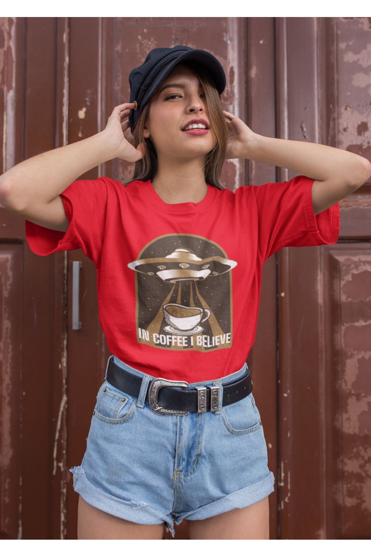 ArtYus Unisex Erkek/Kadın UFO In Coffee In Believe Baskılı Renkli Baskılı Oversize %100 Pamuklu T-Shirt