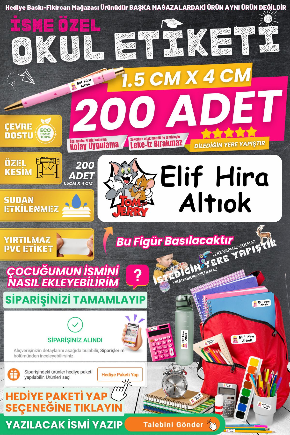 FİKİRCAN Fikircan-İsme Özel Okul Etiketi-TOM JERRY 200 Adet - Kokusuz Ekolojik Mürekkep PVC ETİKET