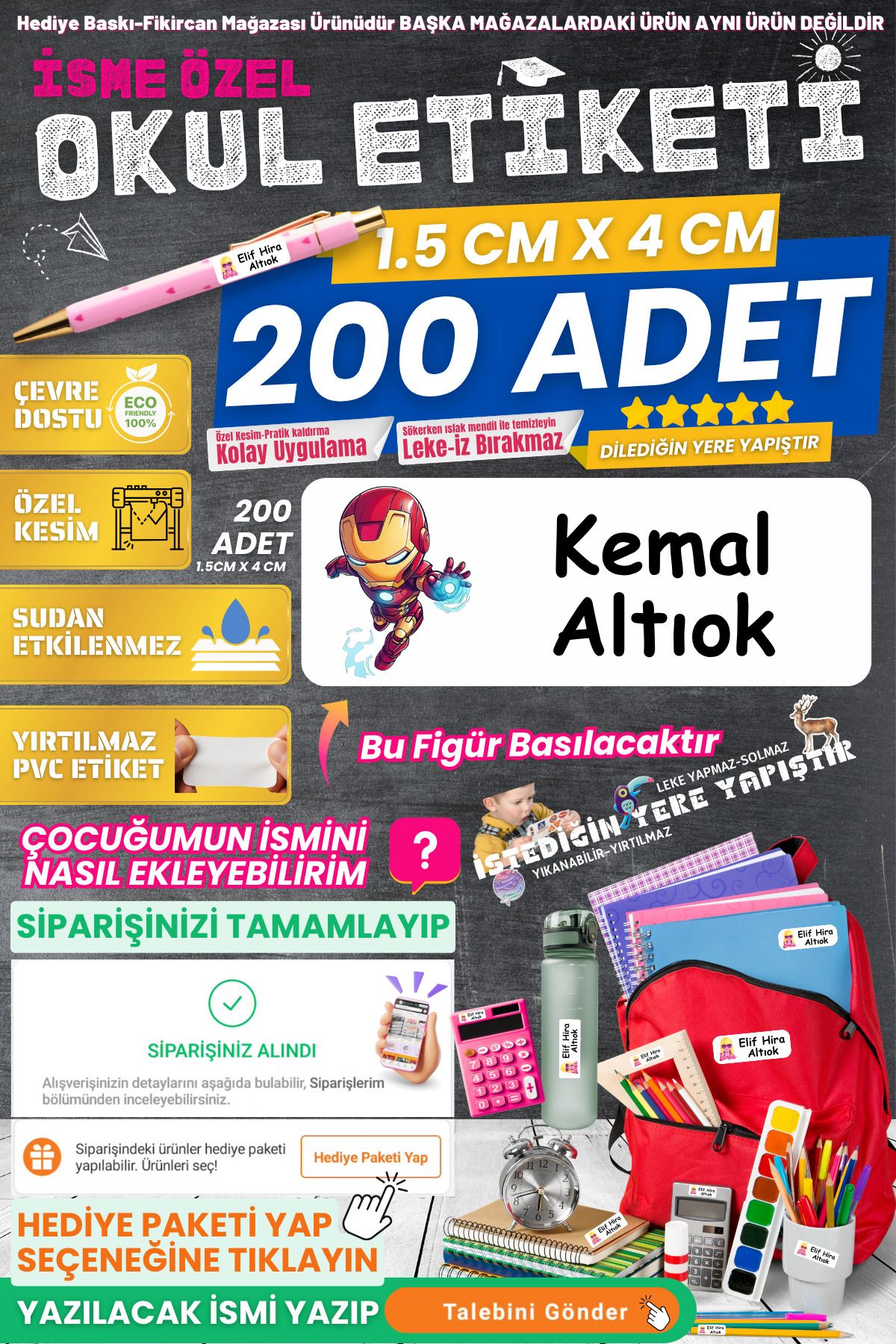 FİKİRCAN Fikircan-İsme Özel Okul Etiketi-IRONMAN 200 Adet - Kokusuz Ekolojik Mürekkep PVC ETİKET