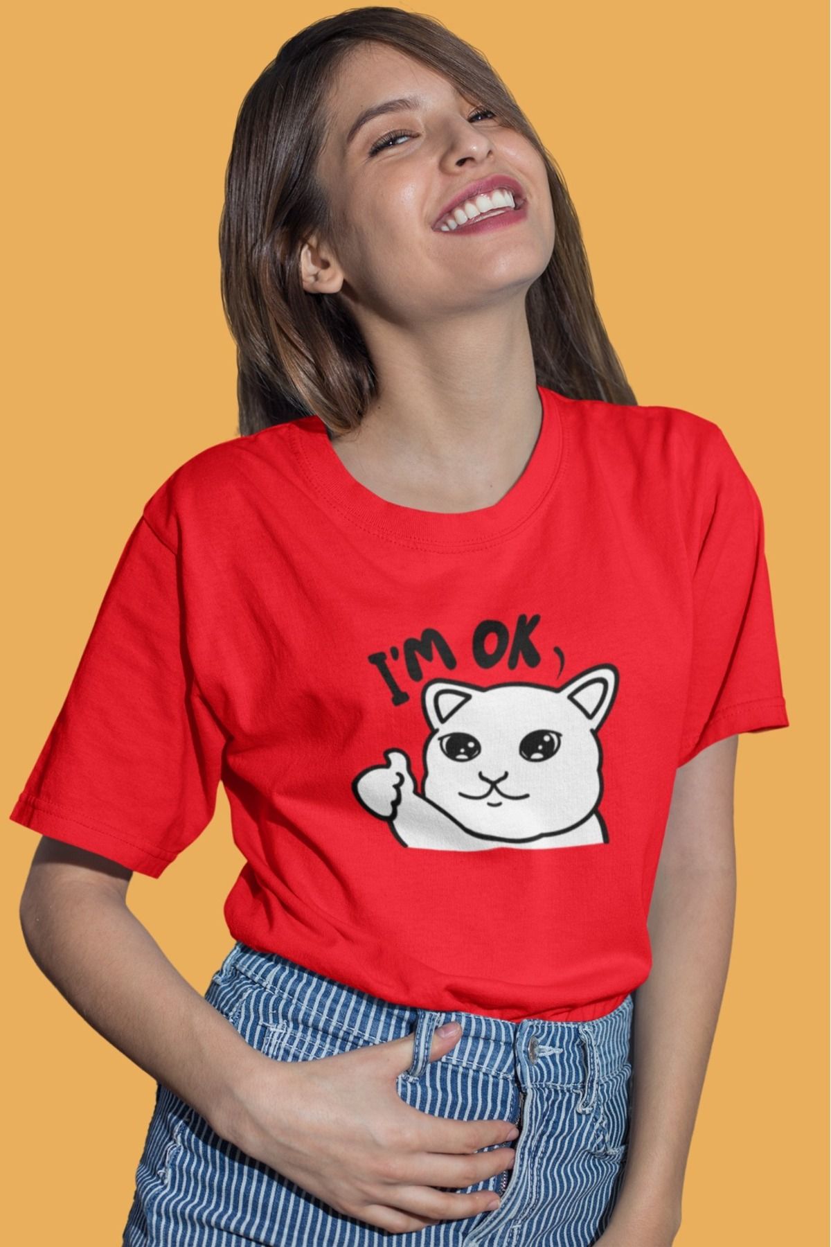 ArtYus Unisex Erkek/Kadın I'm OK Kedi Renkli Baskılı Oversize %100 Pamuklu T-Shirt