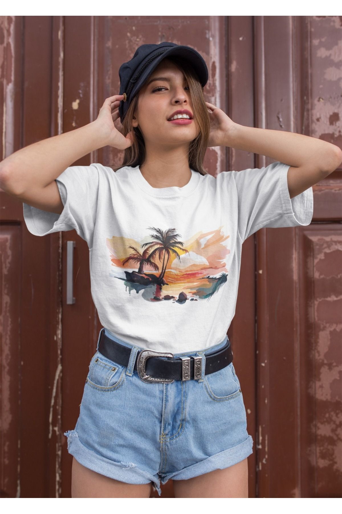 ArtYus Unisex Erkek/Kadın Palmiyeler Gün Batımı Baskılı Renkli Baskılı Oversize %100 Pamuklu T-Shirt