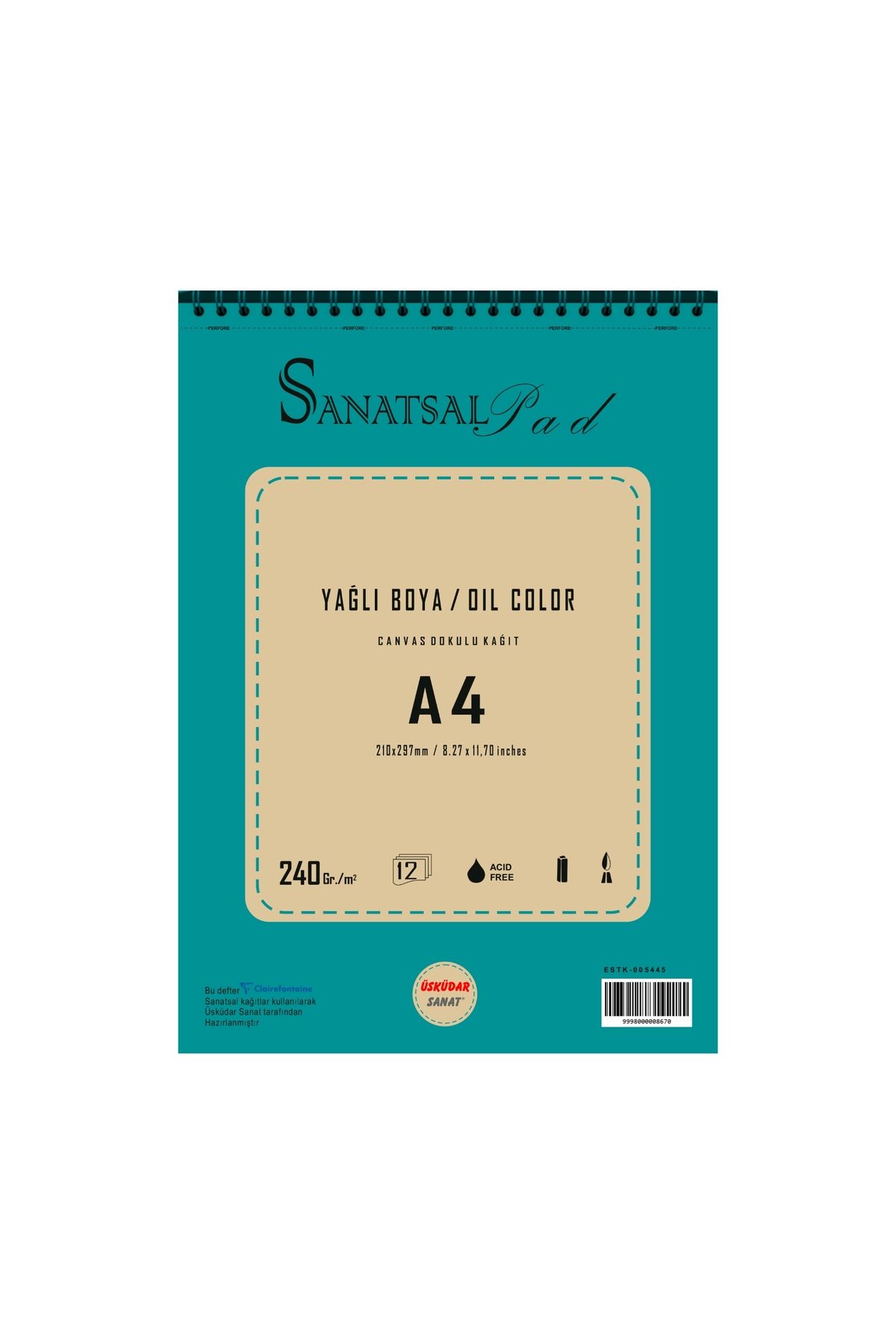 ÜSKÜDAR SANAT Sanatsal Pad Yağlı boya Defteri A4 240gr 12 Yaprak Spiralli