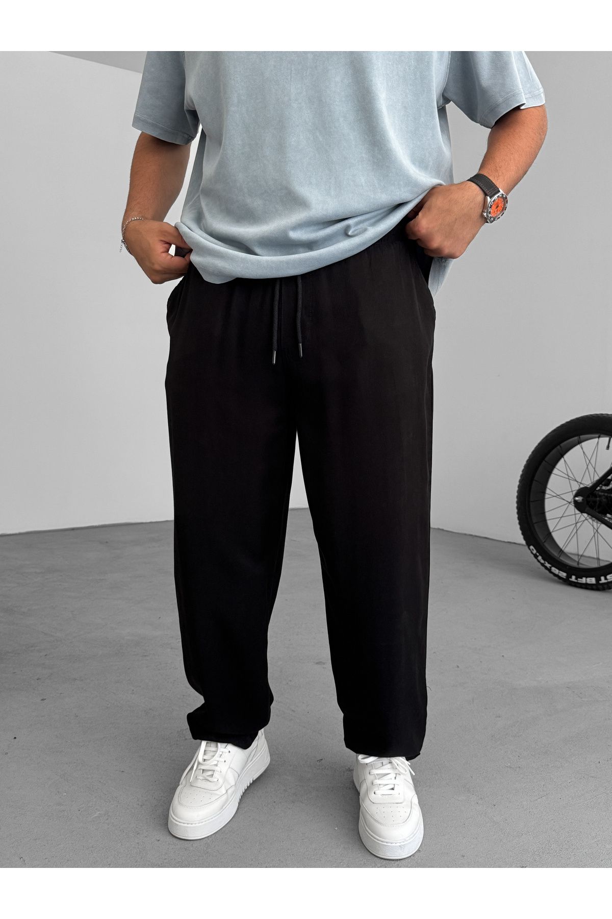 BYBASICMAN Siyah Yıkamalı İnce Baggy Pantolon YP-5016