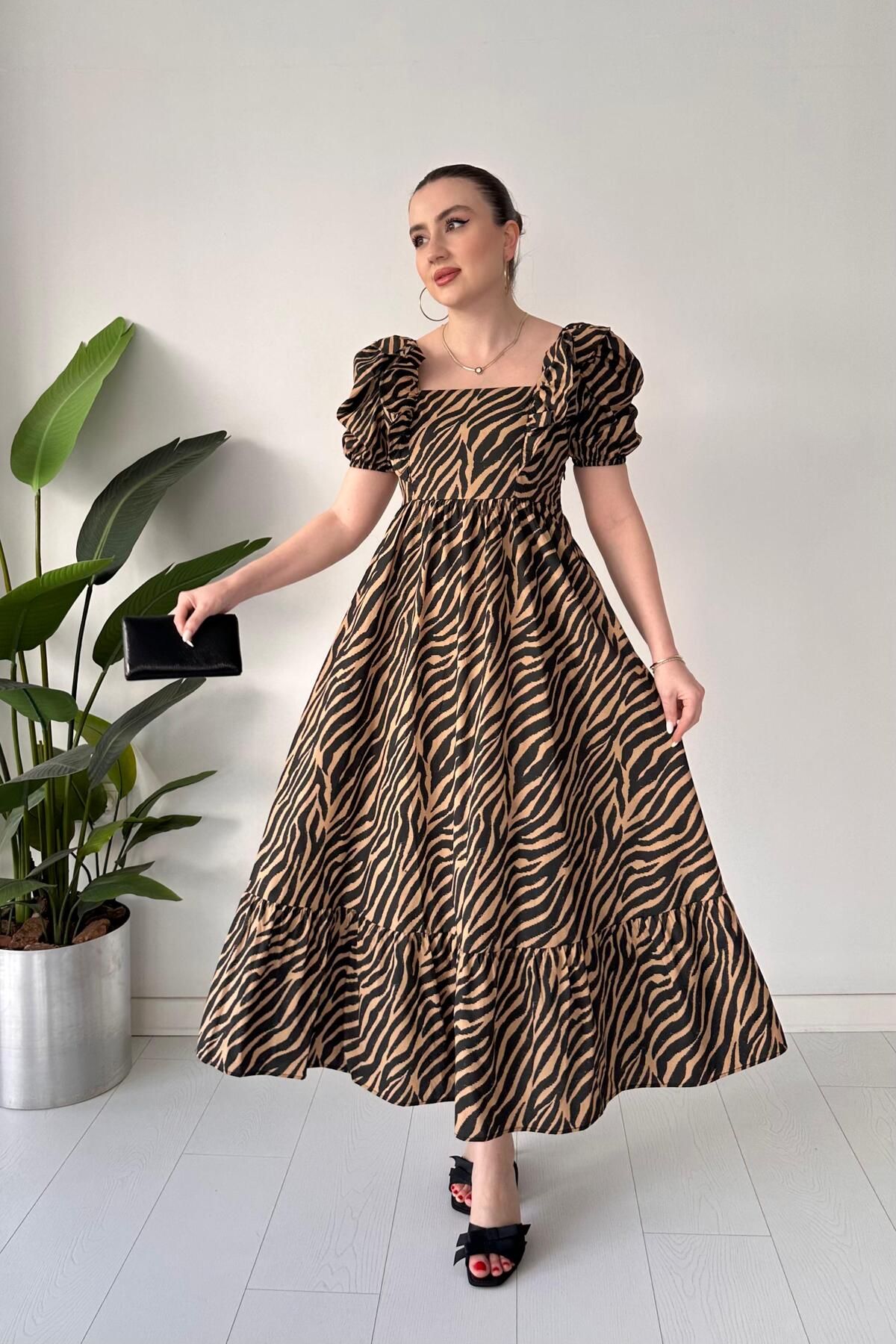 MaziButik Zebra Poplin Elbise Bej