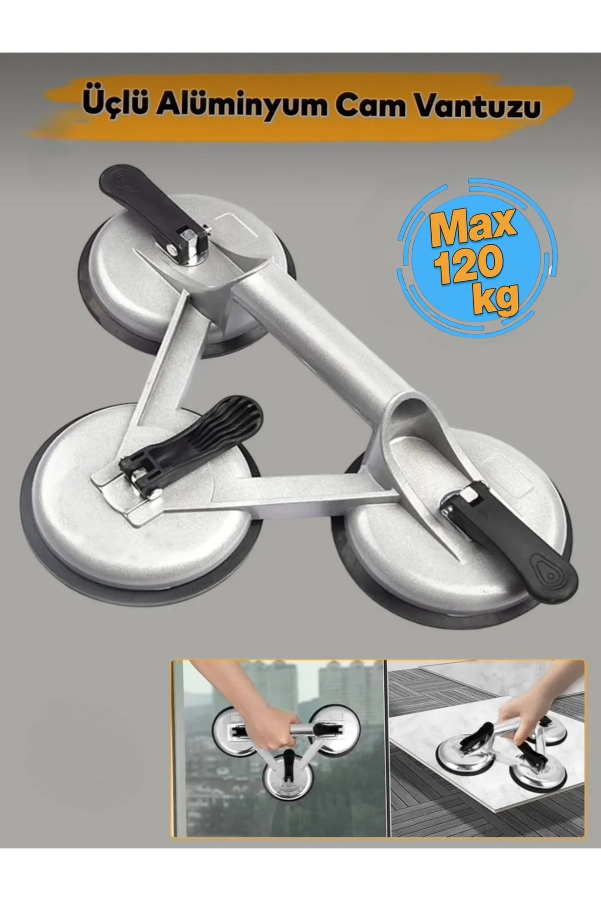 CMC Tools Üçlü Alüminyum Cam Mobilya Mermer Fayans Kaldırma Taşıma Vantuzu Krom Gövde
