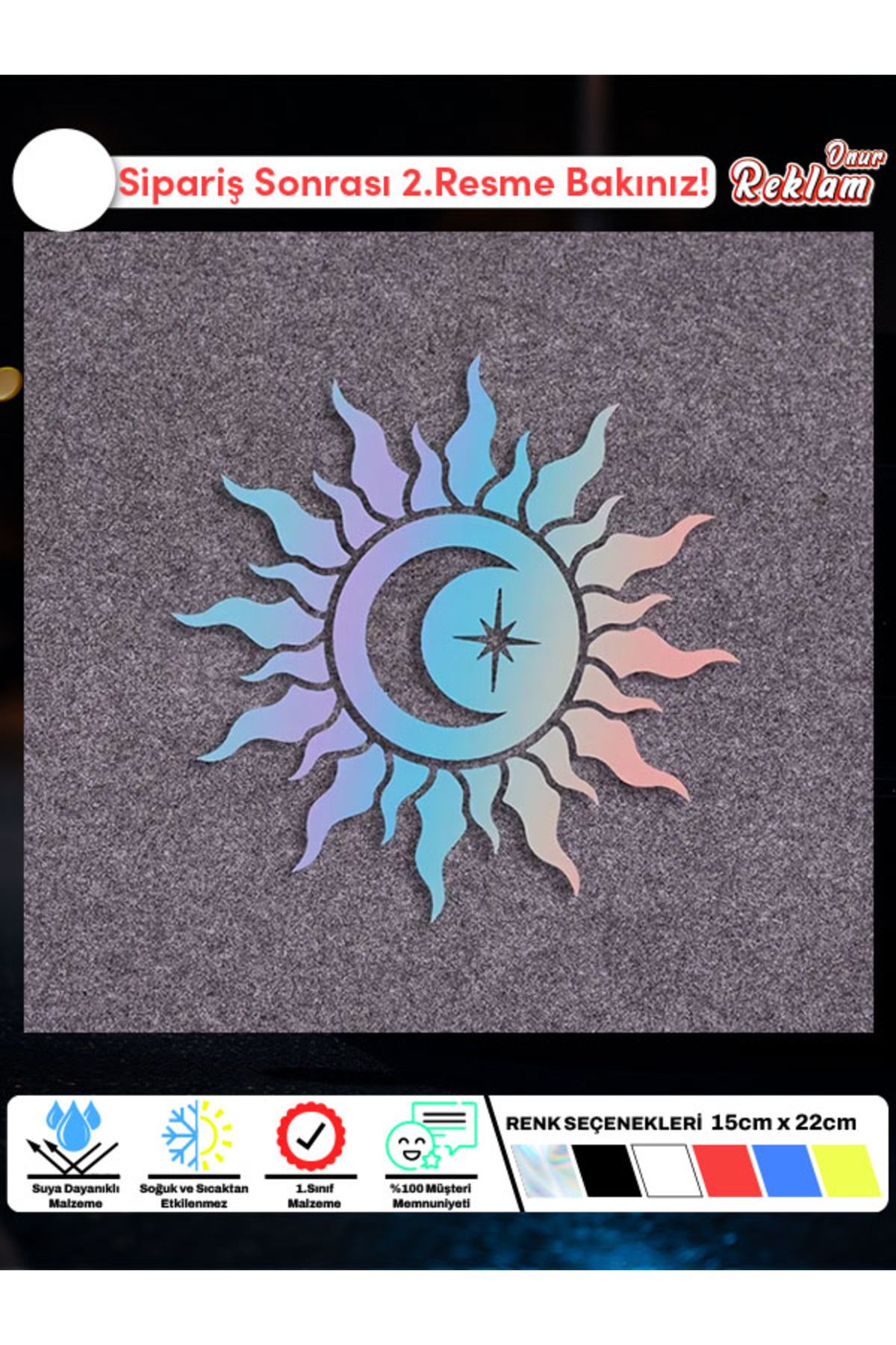 Onur Reklam Güneş ve Hilal Temalı Araç Sticker – Spiritüel Tasarım 15x22 cm