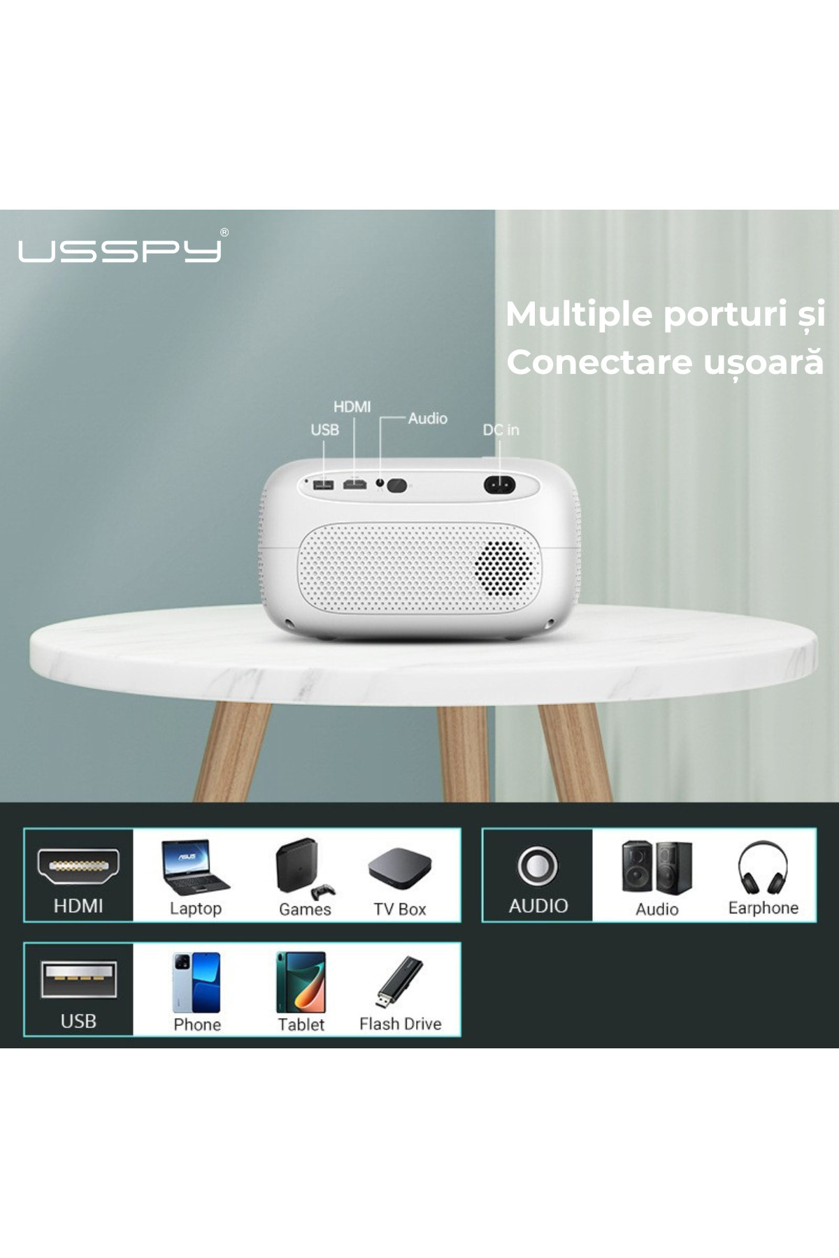USSPY-Portable Smart Projector, 200ANSI Lumens, Android 12, Dual Wi-Fi 9