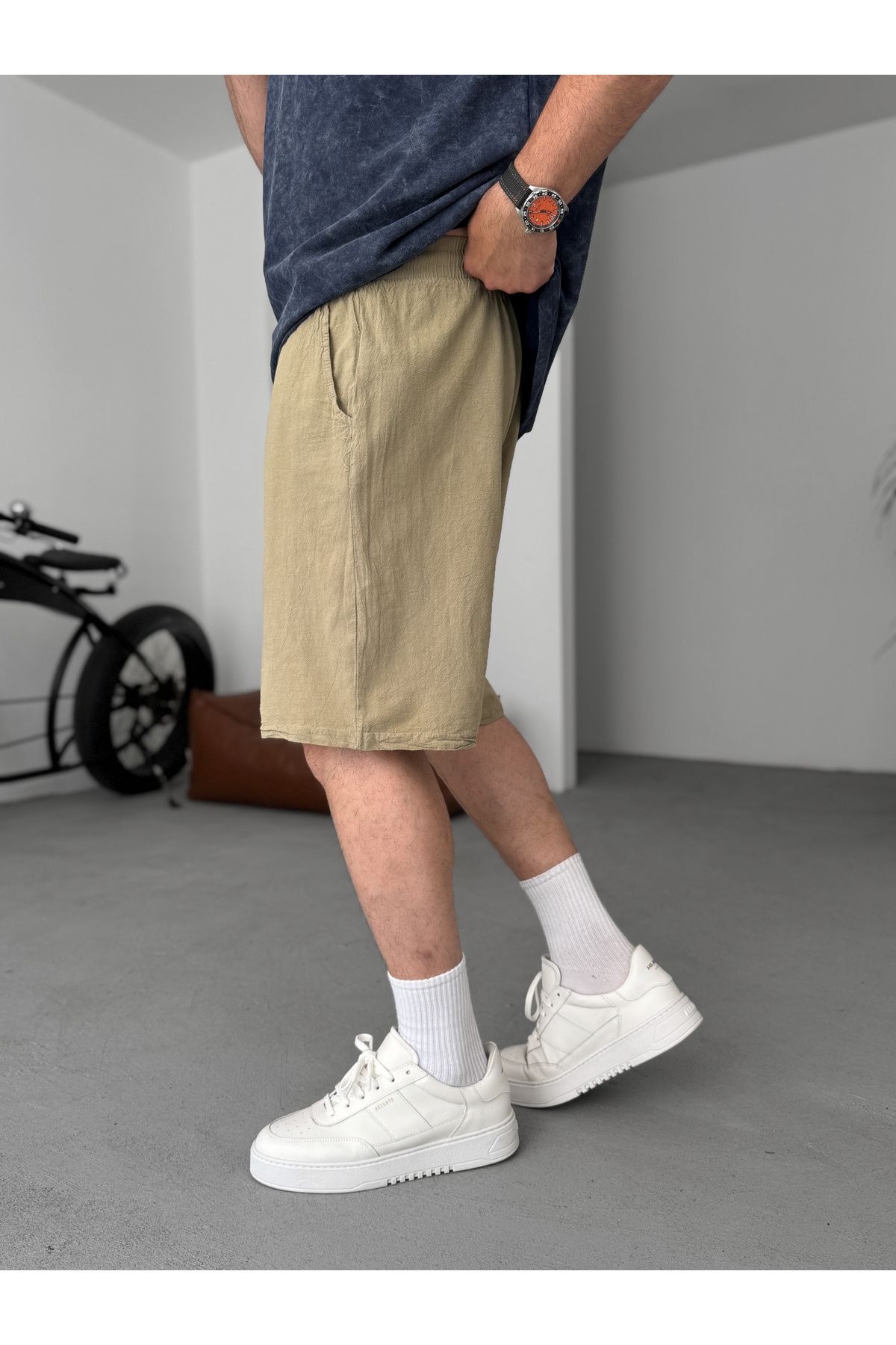 BYBASICMAN-Light Khaki Basic Cotton Linen Shorts V-24 5