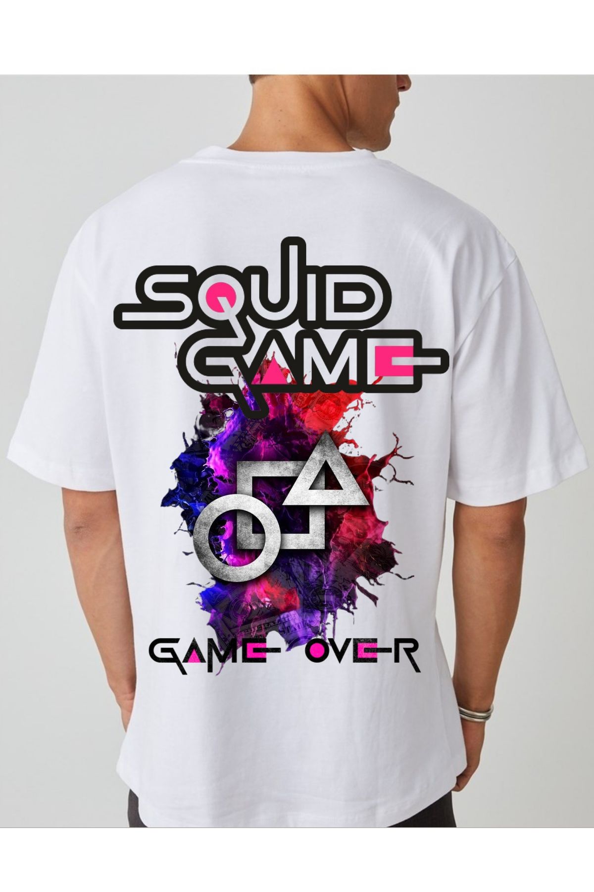 A&B STORES Siyah-Beyaz Bisiklet Yaka Squid Game Baskılı Regularfit T-SHİRT