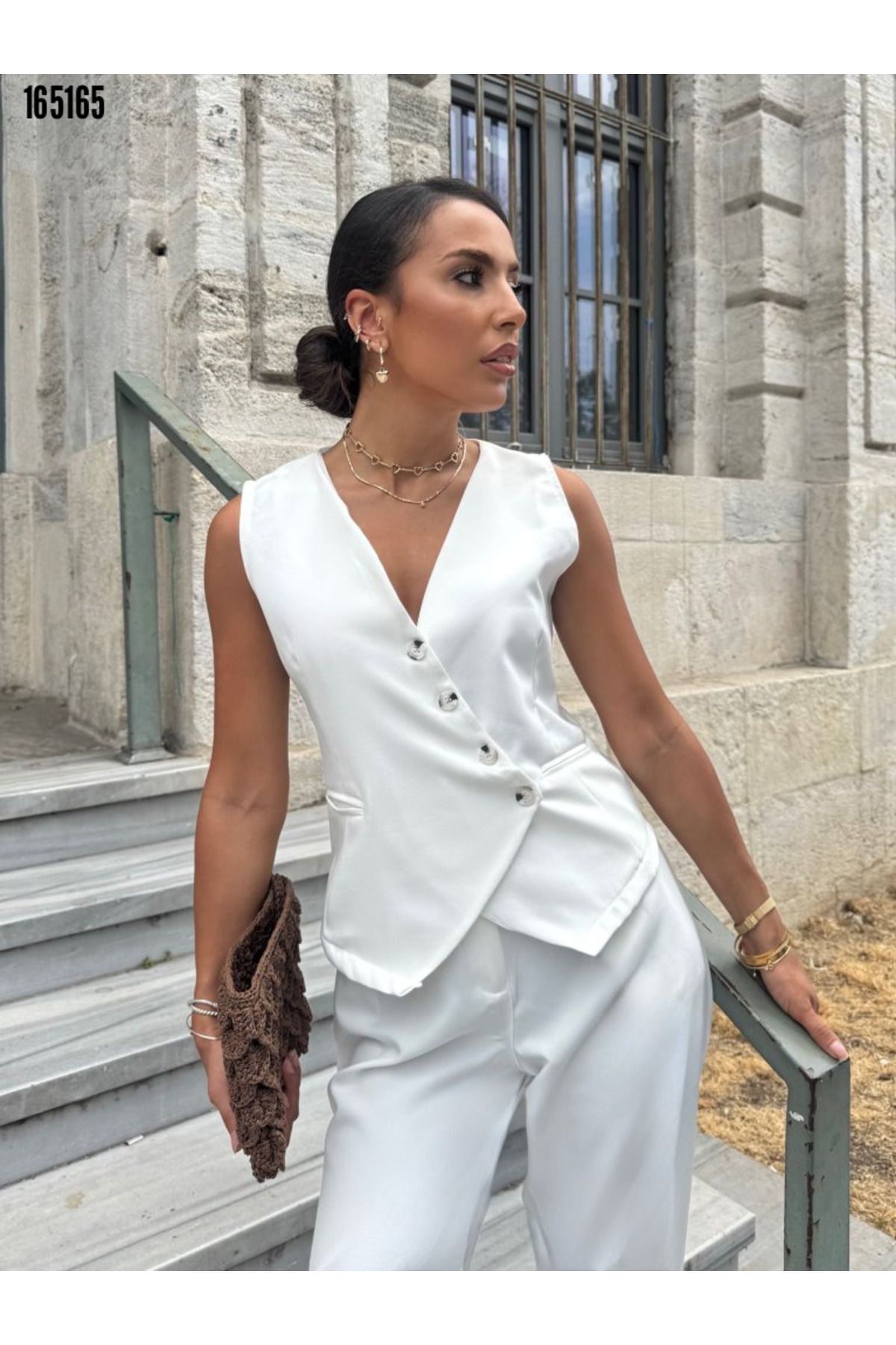 moda wanilia Kadın Çapraz V Yakalı Sıfır Kol Düğme Detaylı Atlas Kumaş Yelek Pantolon İkili Takım