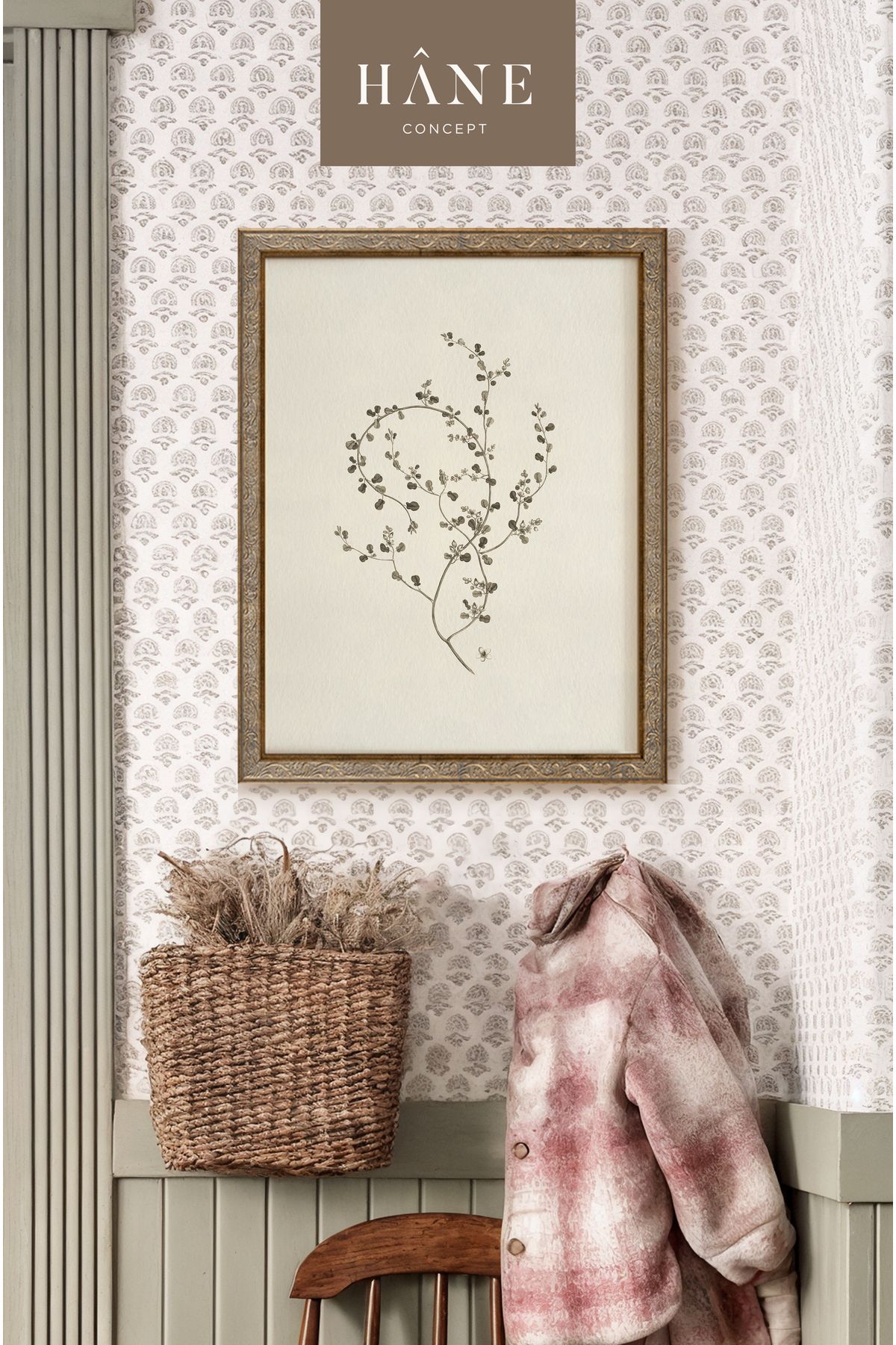 Hane Concept Çiftlik Evi Tarzı Poster, Vintage Çiçek Baskılı Çerçeveli Tablo, Naturel Galeri Duvarı
