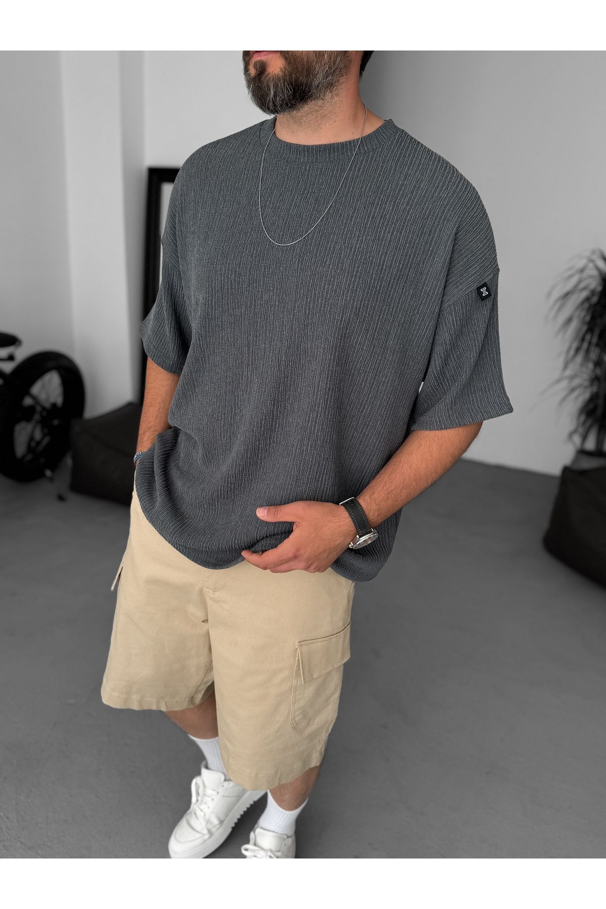 BYBASICMAN Füme Kırçıllı Dokulu Oversize T-Shirt JJ-235