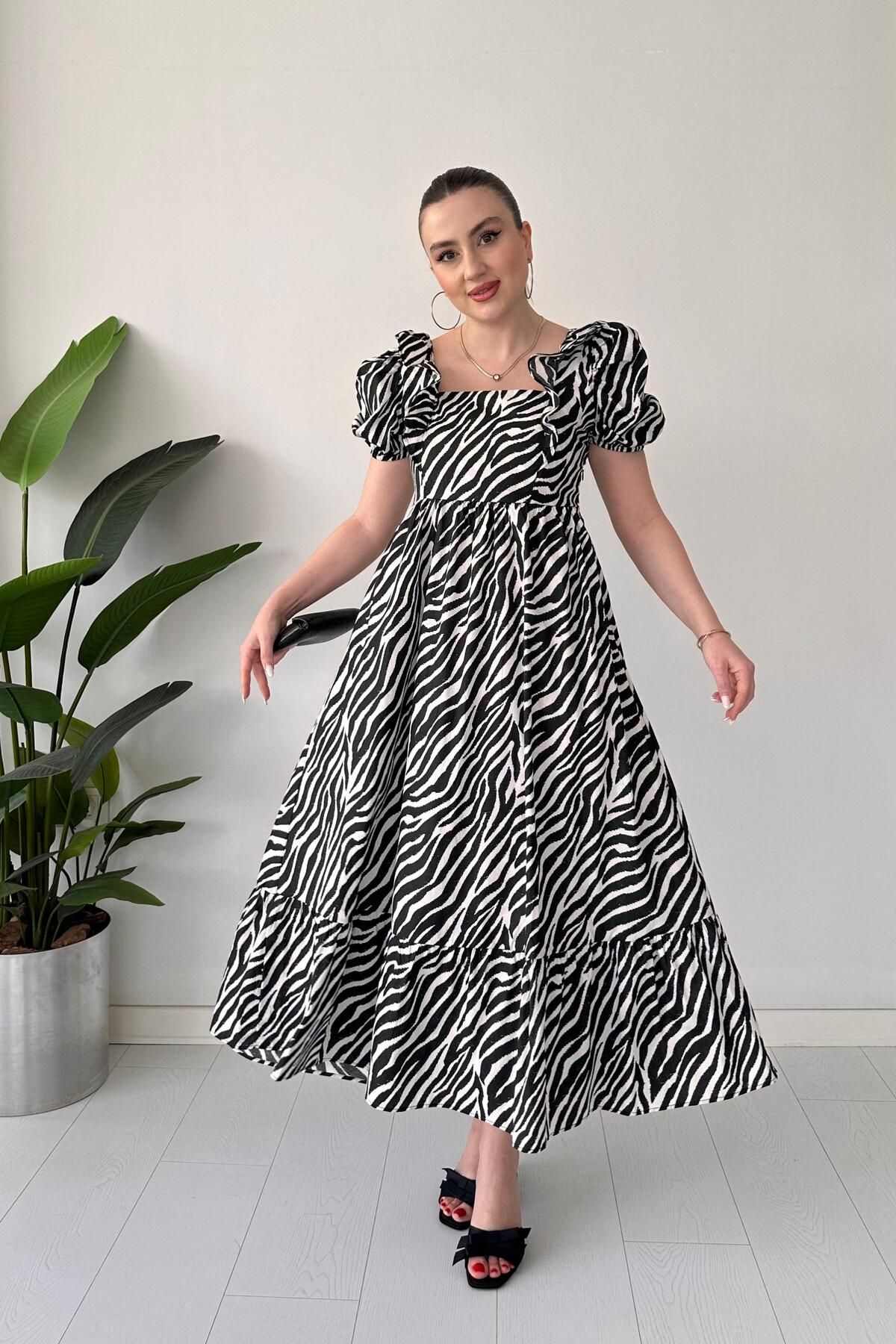 MaziButik Zebra Poplin Elbise Siyah
