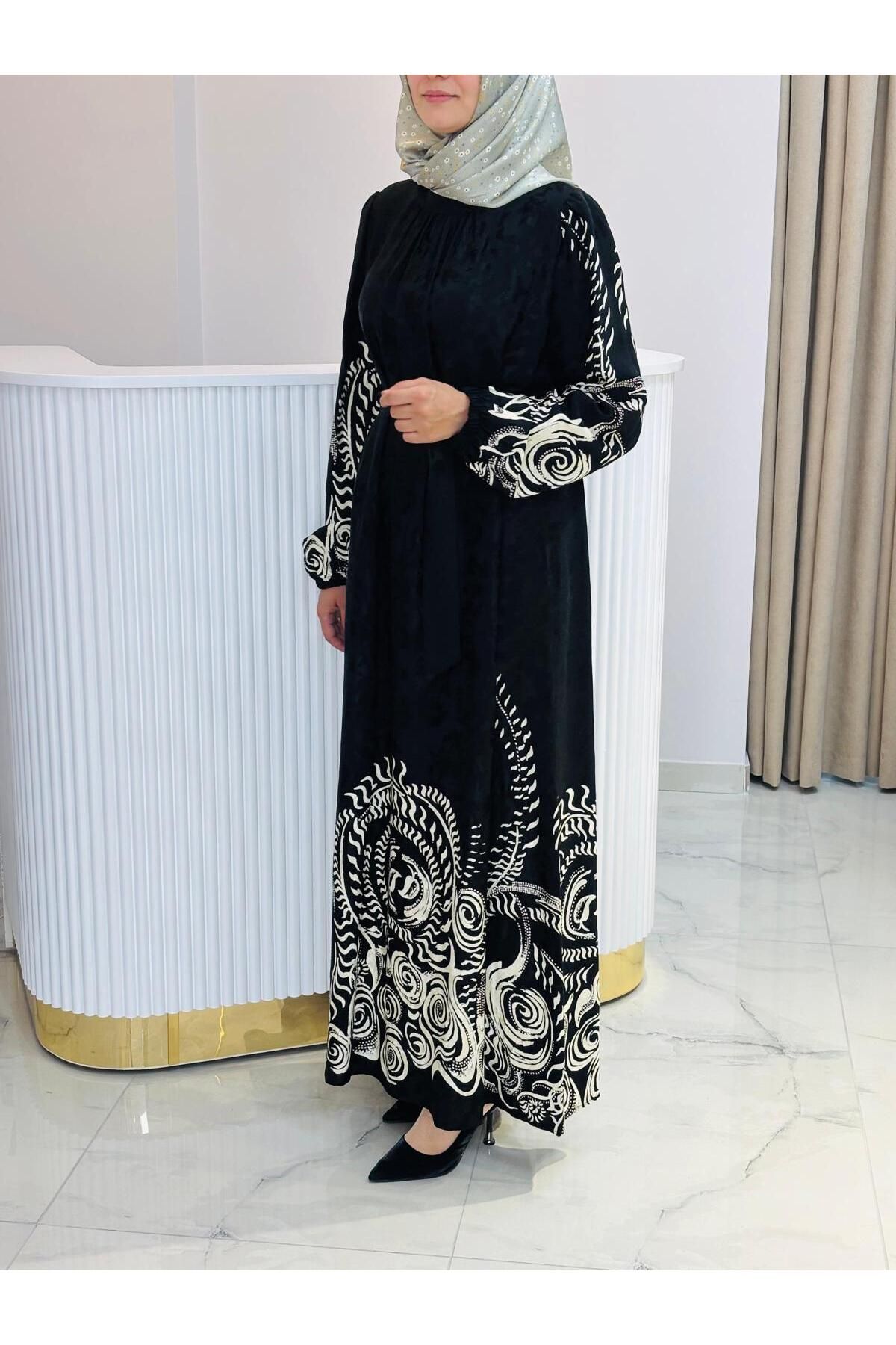 Almarwah Black ALMARWAH DESENLİ SİYAH ELBİSE