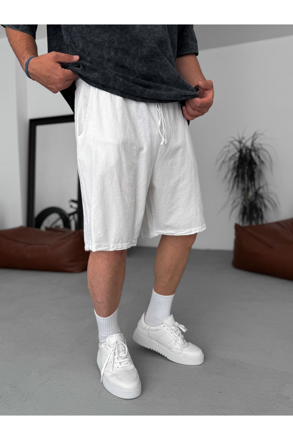 BYBASICMAN-White Basic Cotton Linen Shorts V-24 3