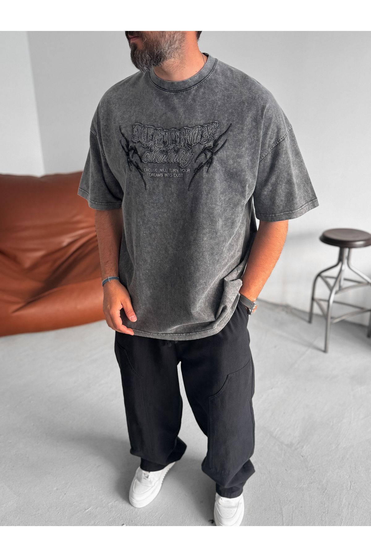 BYBASICMAN Antrasit Mentality Yıkamalı Oversize T-Shirt JJ-159