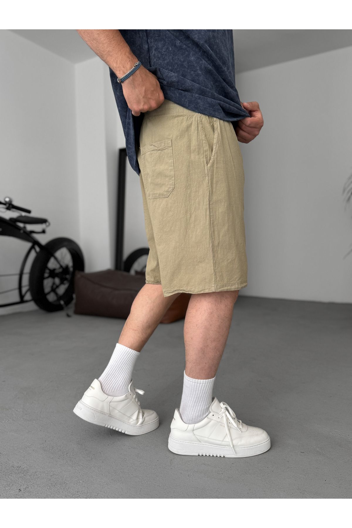 BYBASICMAN-Light Khaki Basic Cotton Linen Shorts V-24 4