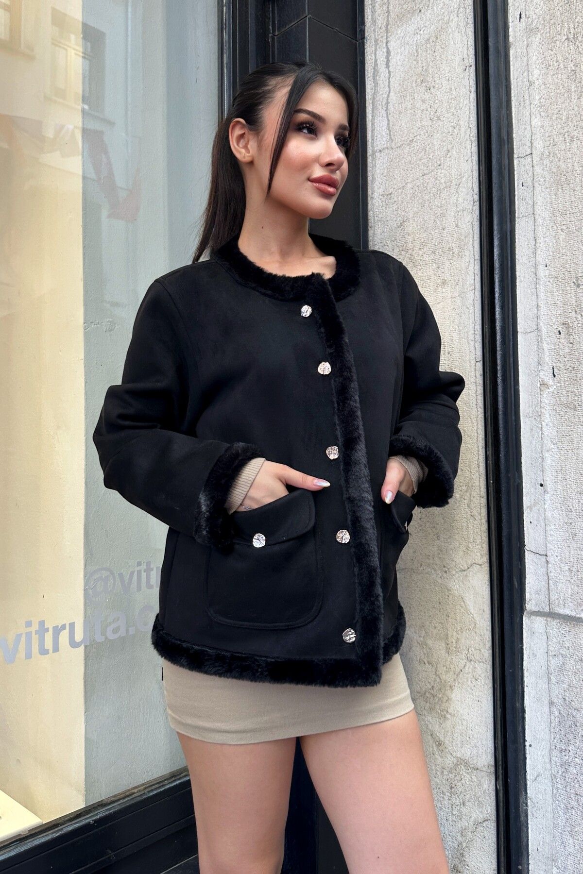 moda armanc Kadın İçi Suni Kürklü Süet Ceket - Yumuşak Dokulu, Düğmeli