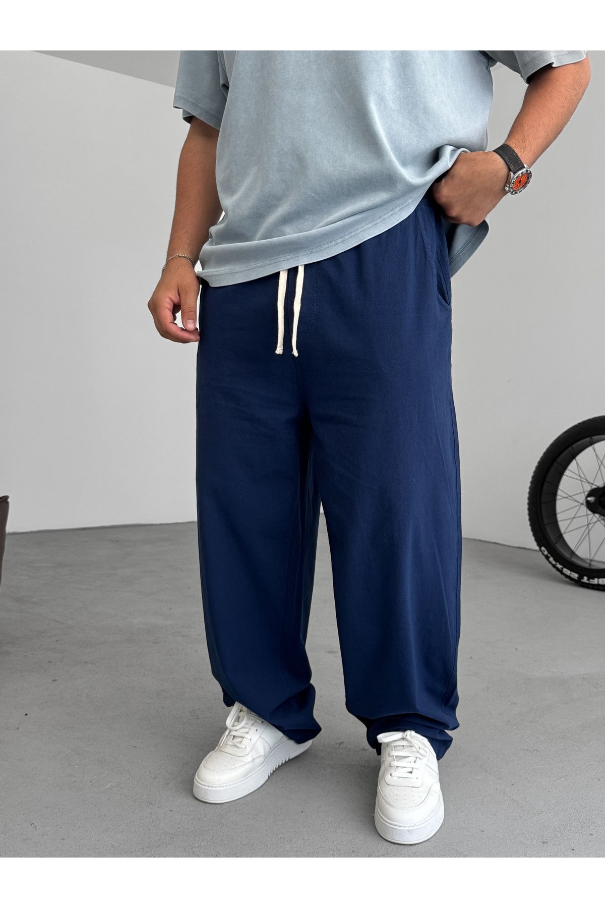 BYBASICMAN Lacivert Pamuk Keten Baggy Pantolon ES-15