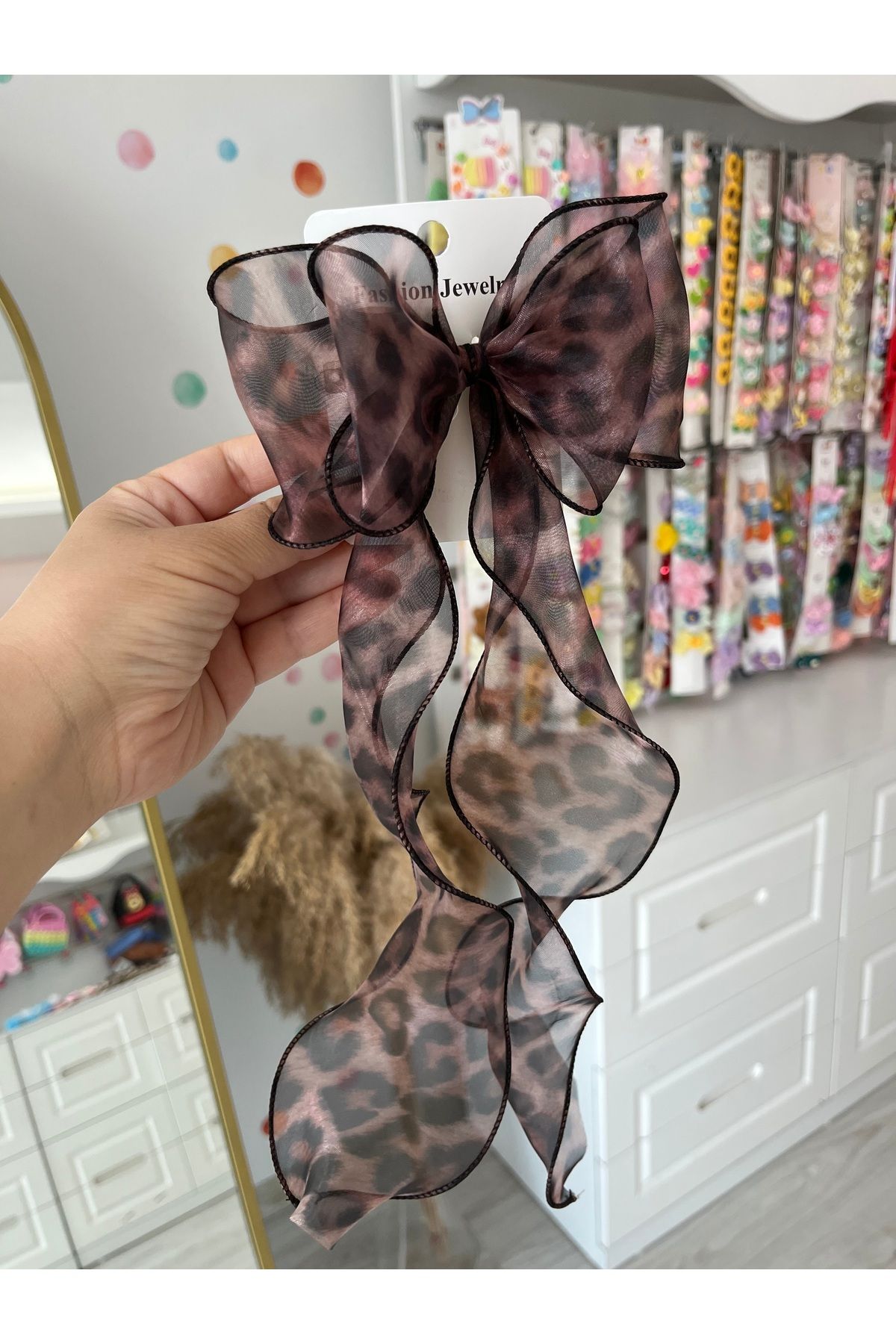 pempem bandana kız bebek/çocuk leopar desenli sallantılı otomatik toka