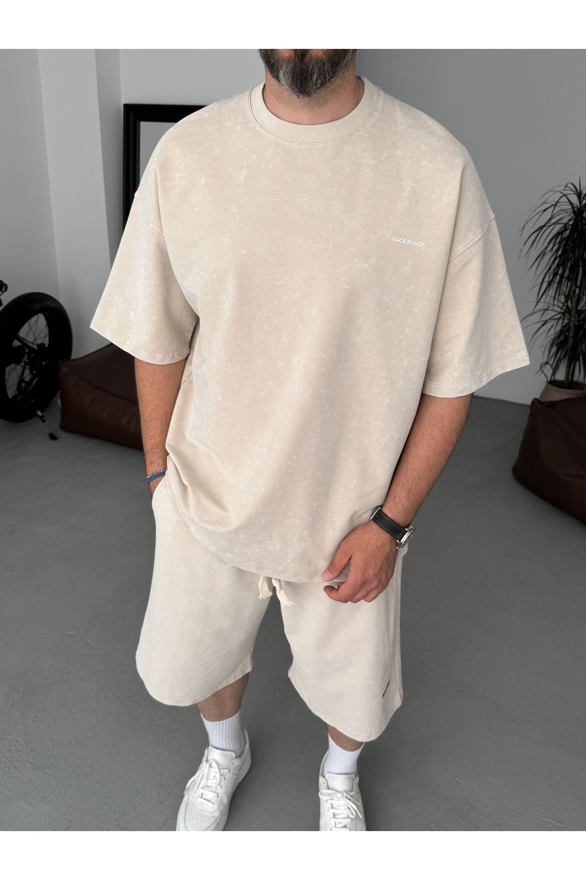 BYBASICMAN Bej Yıkamalı Kabartmalı Oversize T-Shirt JJ-201
