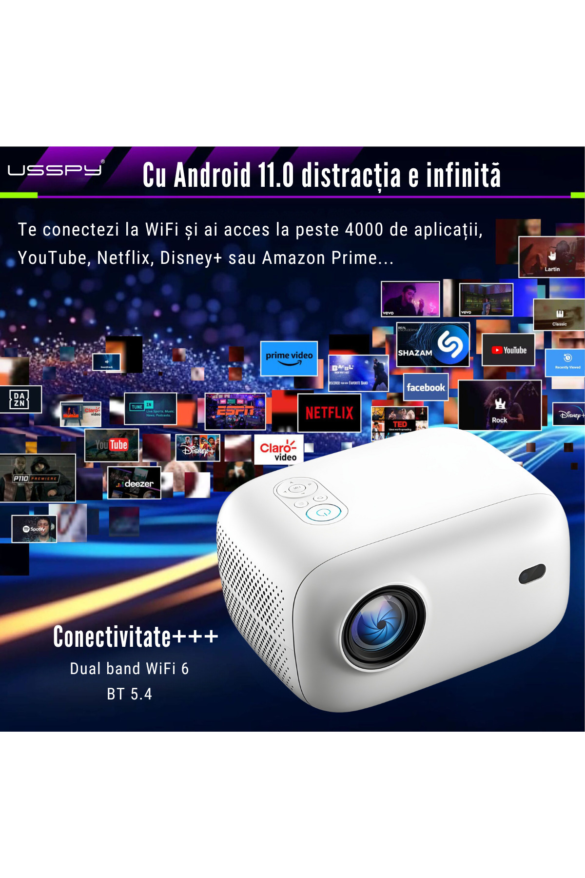 USSPY-Portable Smart Projector, 200ANSI Lumens, Android 12, Dual Wi-Fi 3