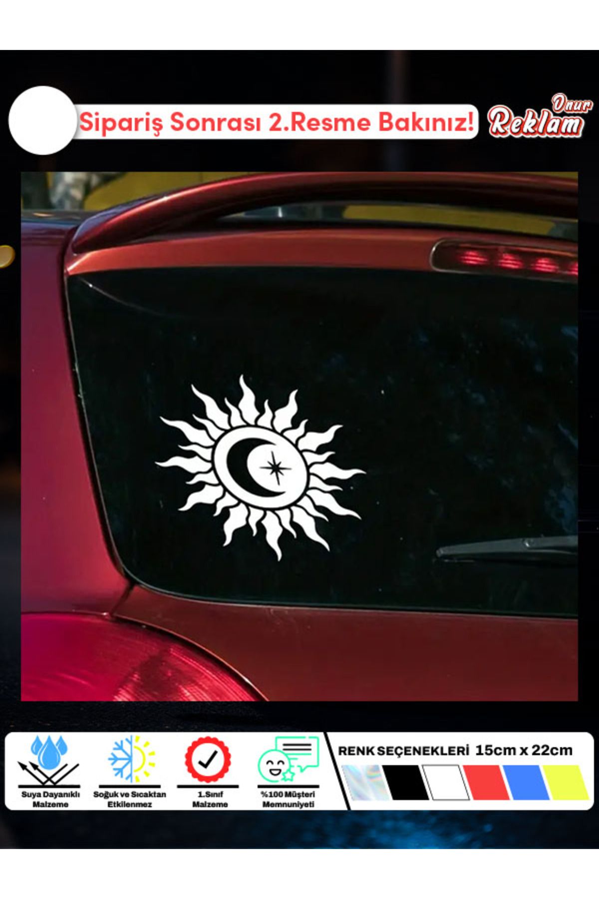 Onur Reklam Güneş ve Hilal Temalı Araç Sticker – Spiritüel Tasarım 15x22 cm
