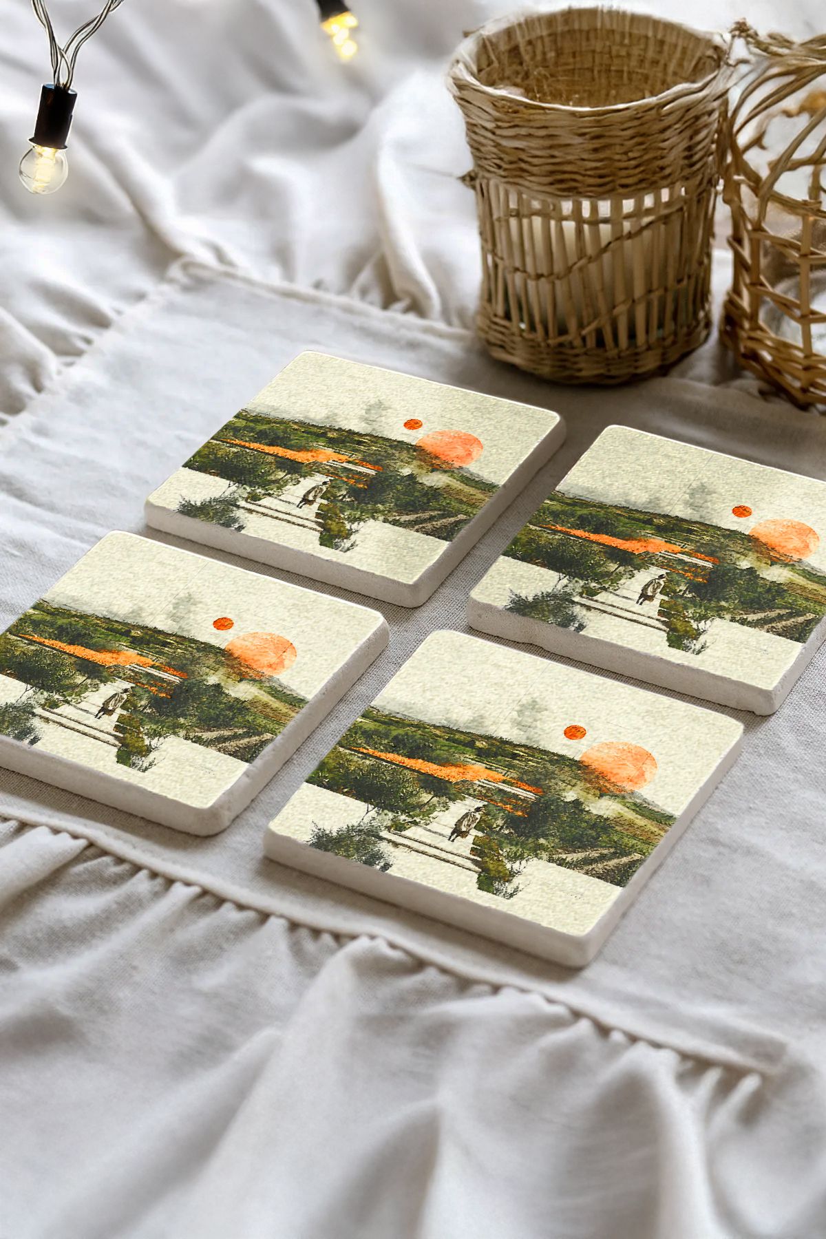 Sionar Rosantha Desenleri Taş Traverten Fincan Bardak Altlığı 4'lü Set 10x10x1cm