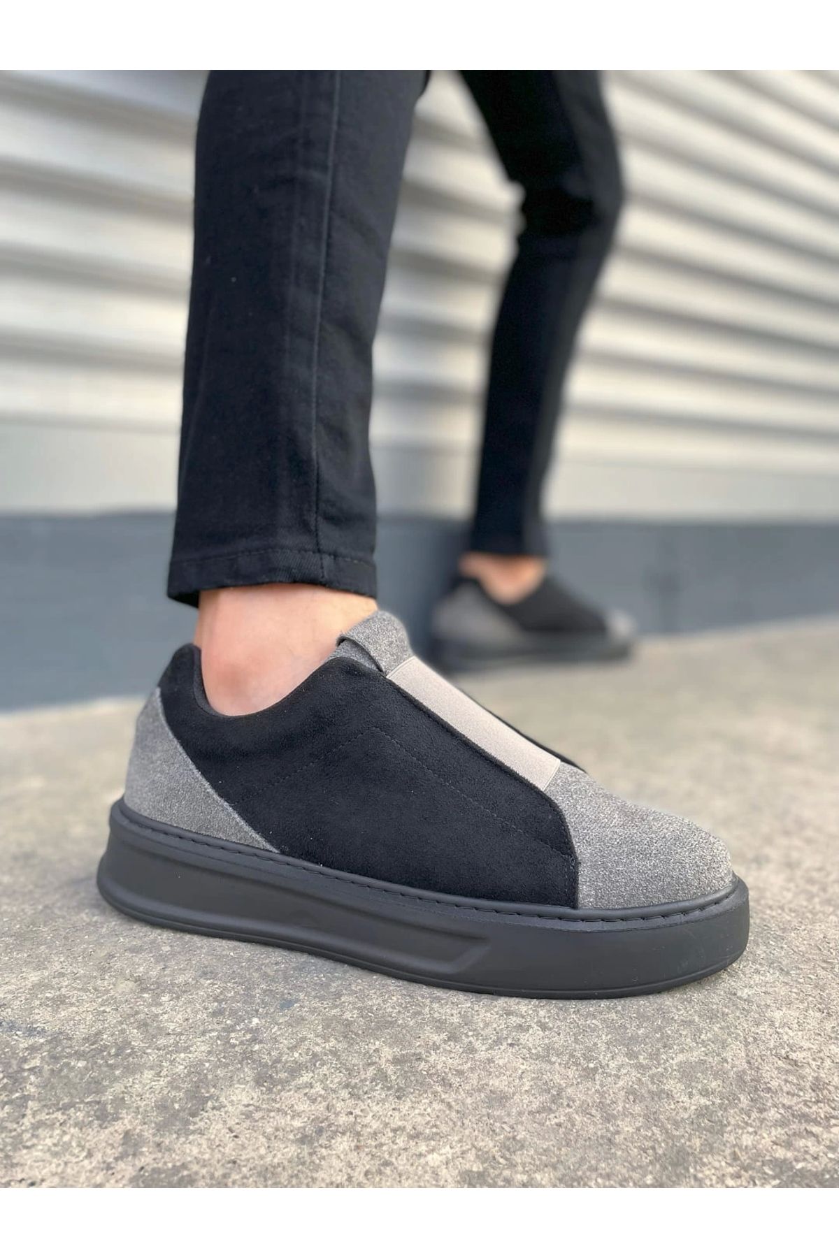 Joy Ayakkabı JY007 Alba Bağcıksız Süet Erkek Günlük Sneaker Ayakkabı SST Gri/Siyah