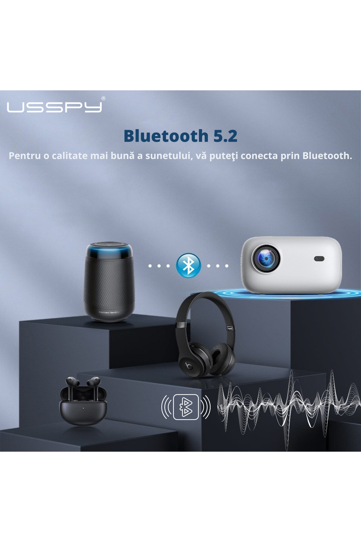 USSPY-Portable Smart Projector, 200ANSI Lumens, Android 12, Dual Wi-Fi 8