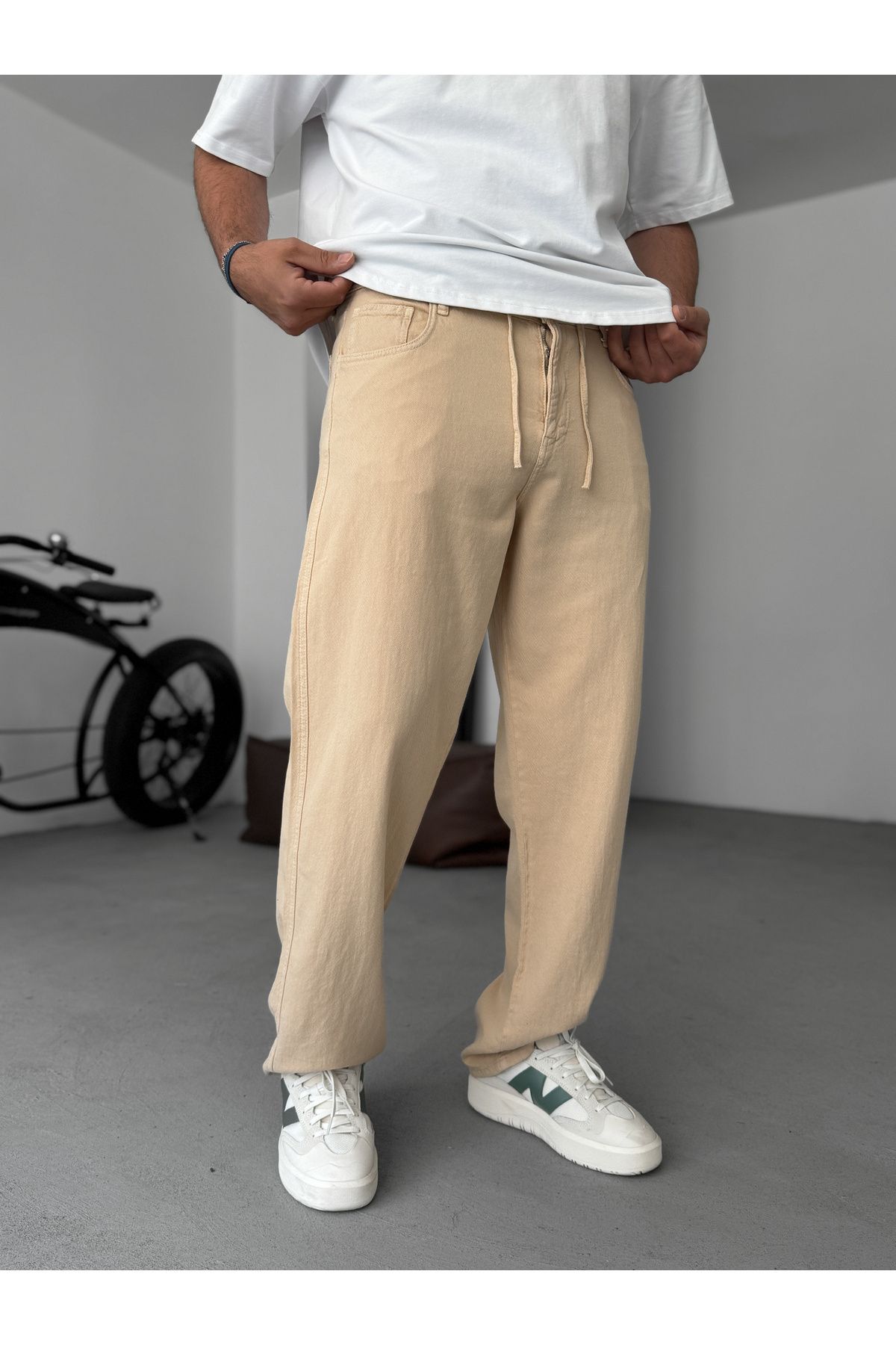 BYBASICMAN-Beige Textured Basic Baggy Trousers Res-1076 3