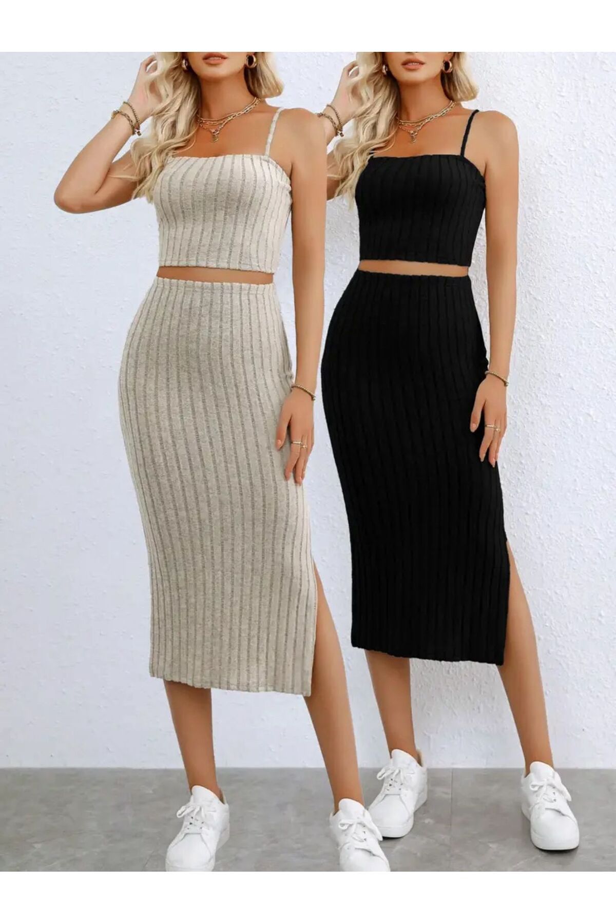bemmoda Kadın 2 Renk 2'li Set Yırtmaçlı Etek Askılı Crop Bluz Takım